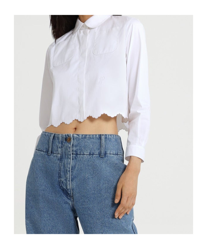 Shop Patou Cropped Scalloped Poplin Shirt In White