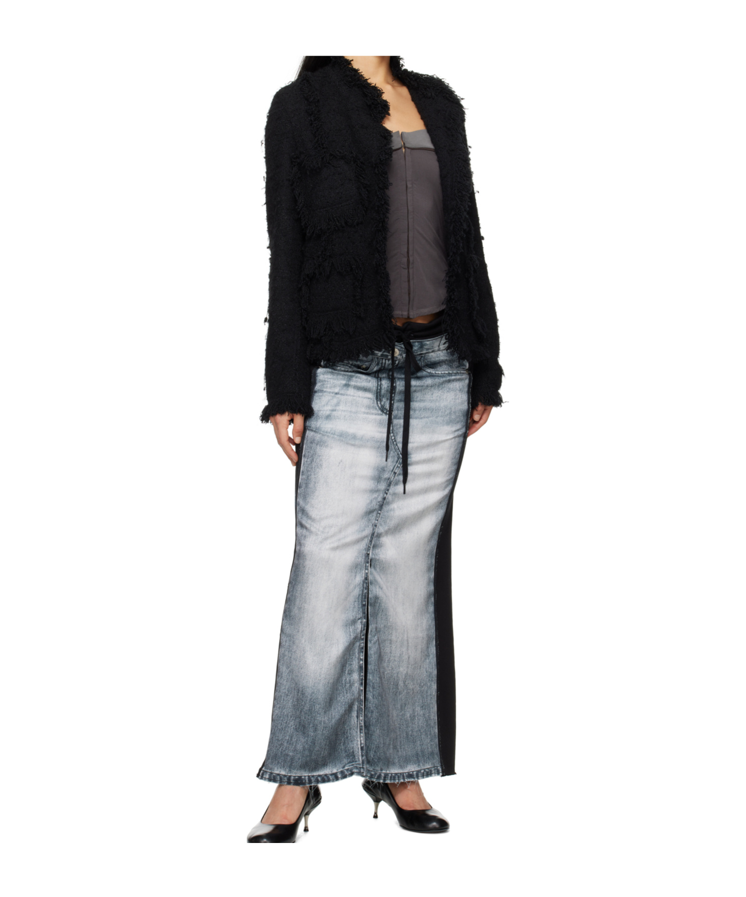 Open Yy Front Jean Effect Jersey Skirt In Gray