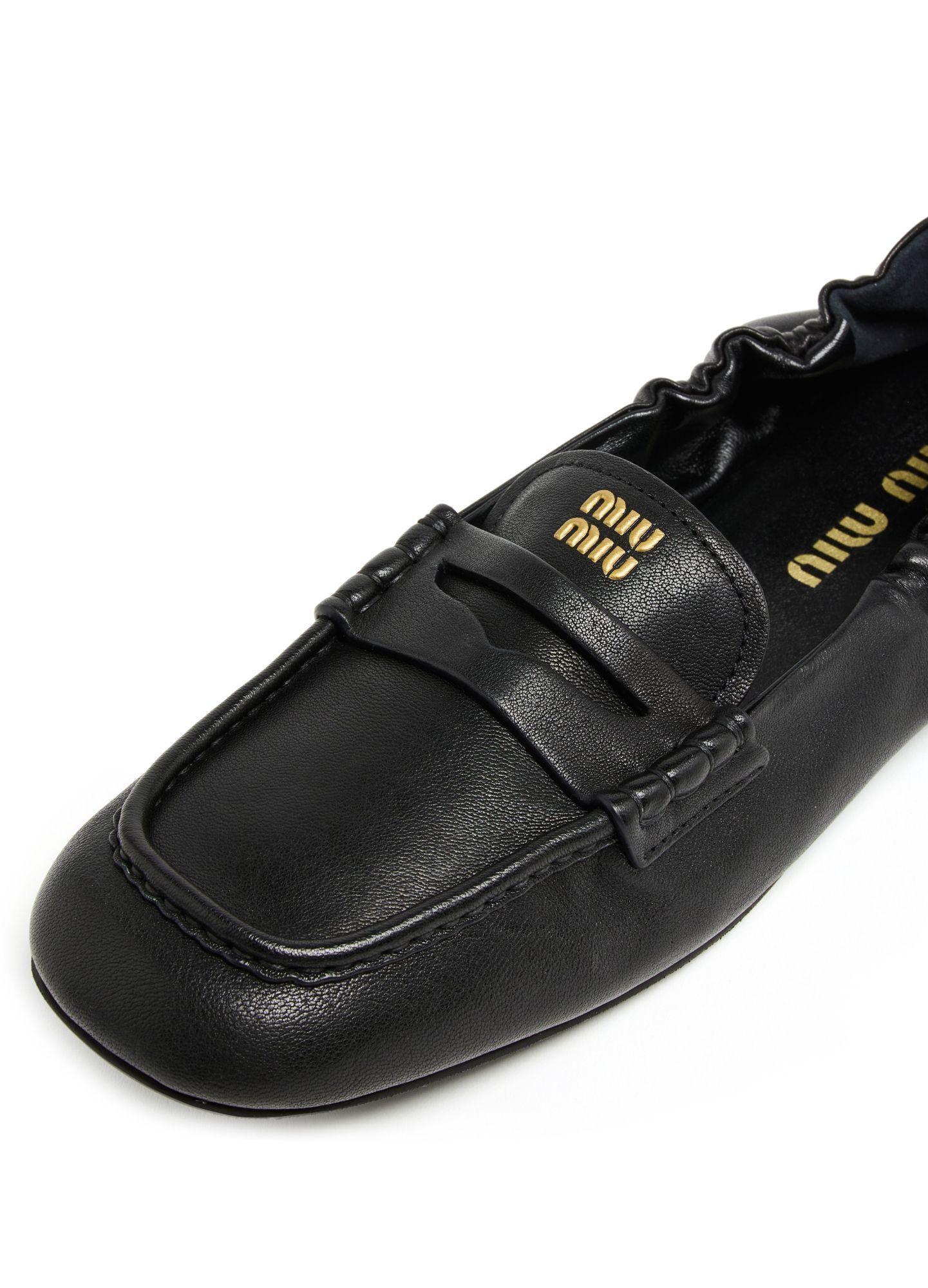 Shop Miu Miu Round Head Loafer Shoes In Black