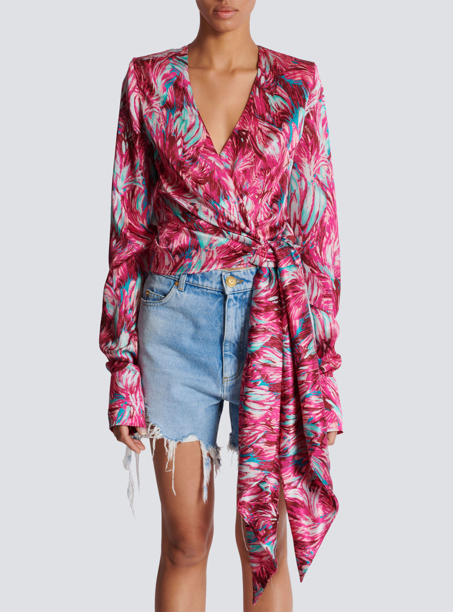 Balmain Feather-print Silk Blouse In Red