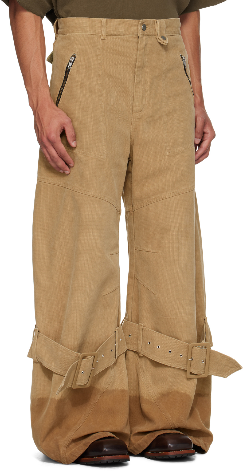Egonlab Beige Pin-buckle Cargo Jeans In Brown