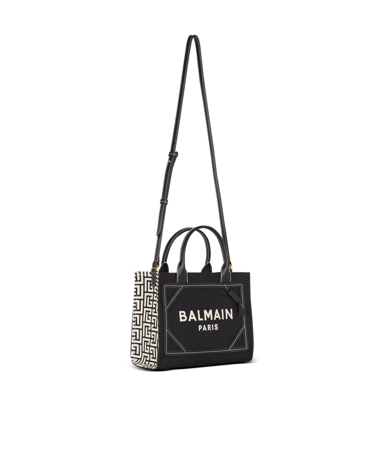 Shop Balmain B-army Tote Bag In Monogrammed Canvas And Leather In Black