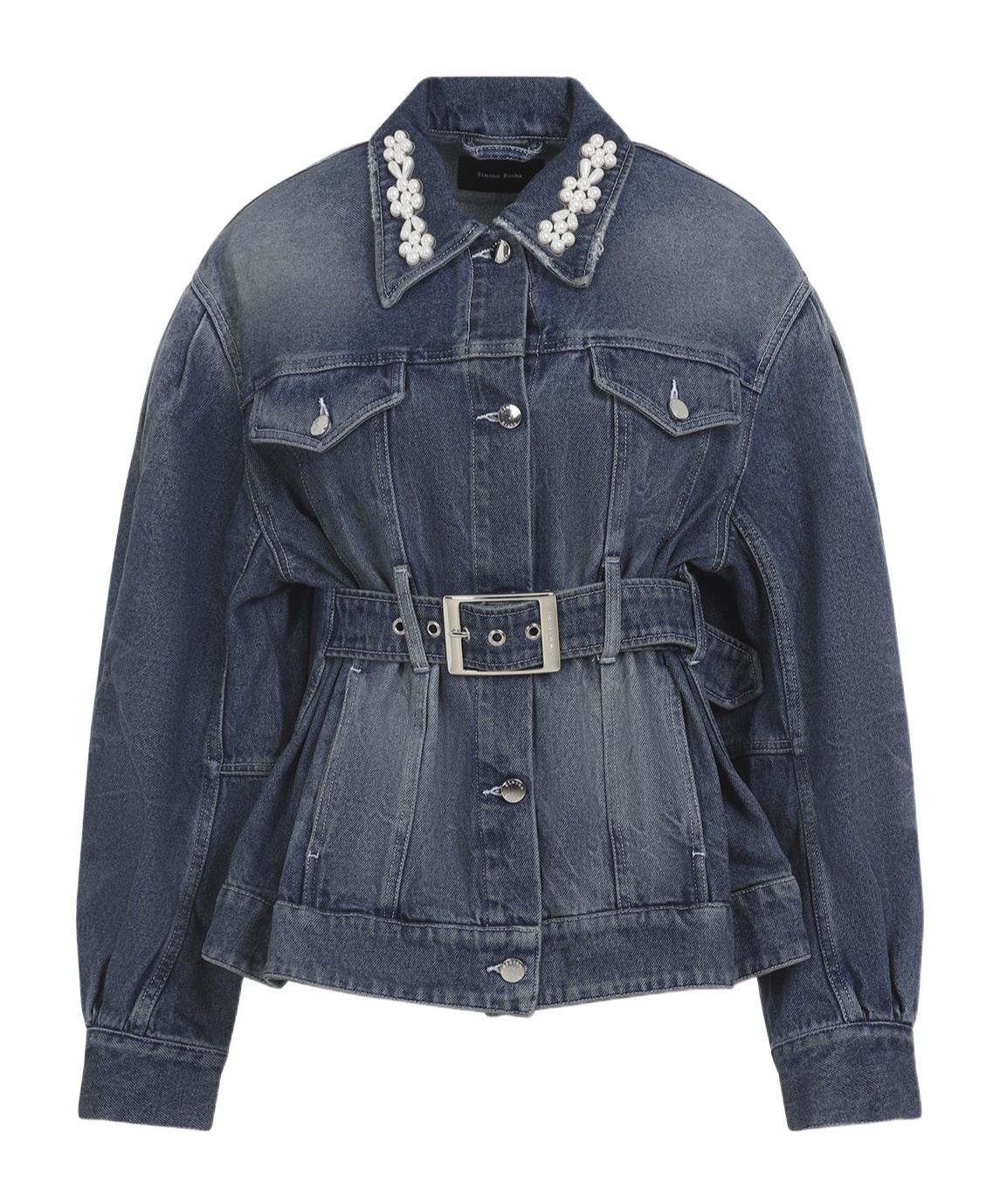 Simone Rocha Denim Jacket With Belt And Embellished Collar In Blue