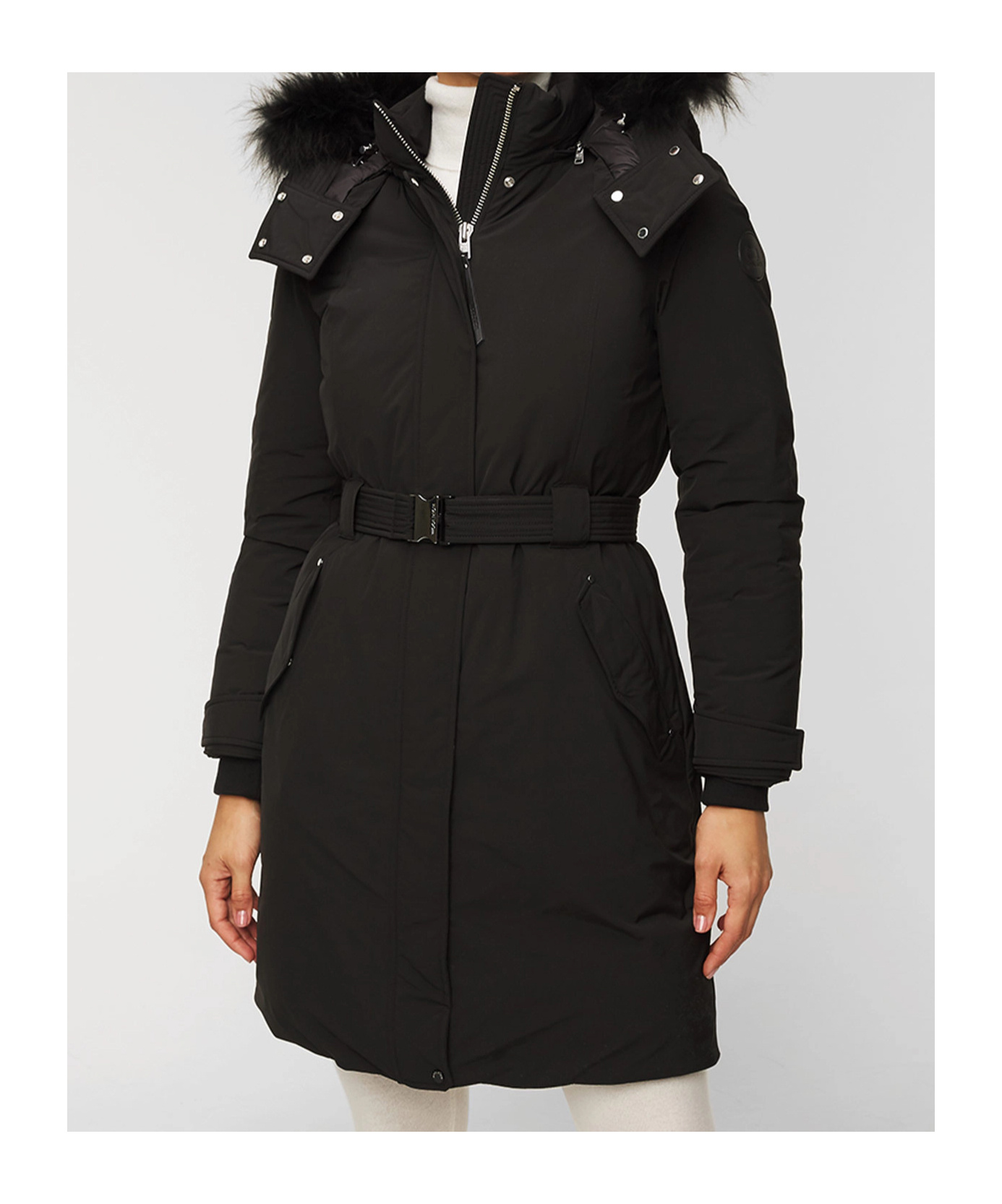 Woolrich Belted Waist Hooded Padded Coat In Black