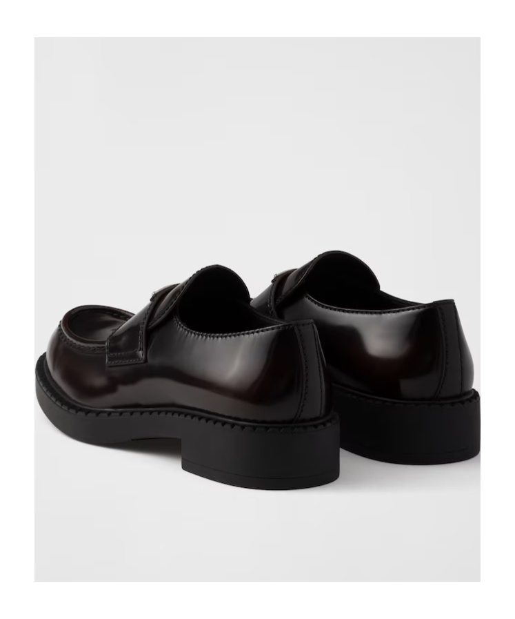 Prada Triangle Logo Chocolate Brushed Leather Loafers In Ochre