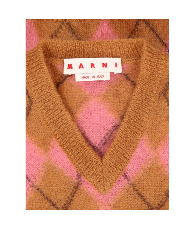 Marni Brown Mohair Argyle Vest With Floating Threads In Pink