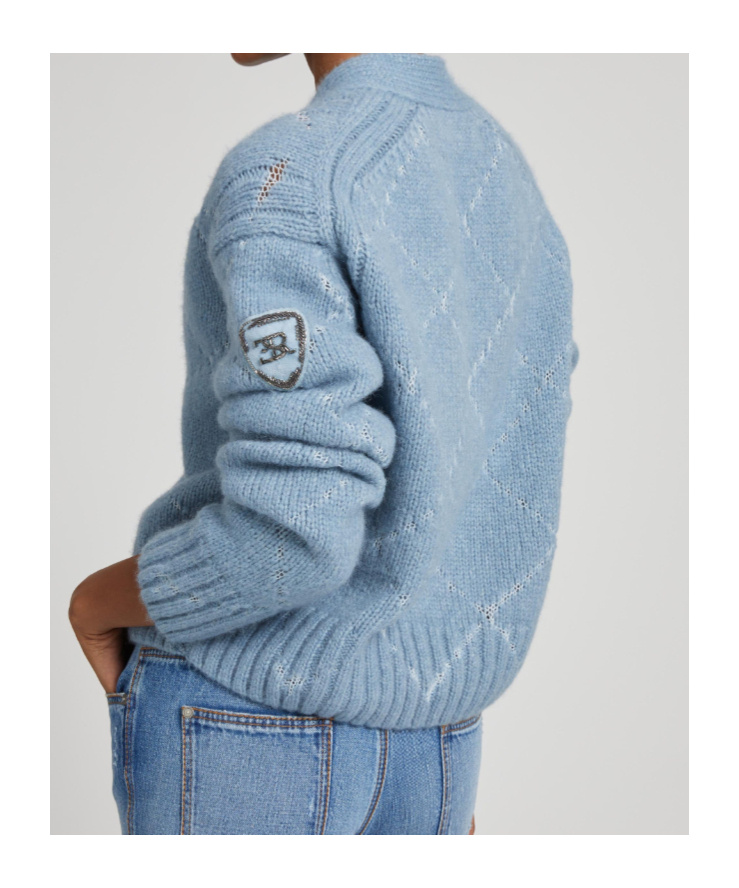 Ermanno Scervino Alpaca And Merino Blend Cardigan With Diamond Pattern And Microcrystal Logo In Blue