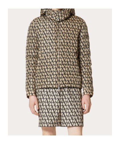 Valentino Down Jacket In Nylon With Toile Iconographe Print In Nude