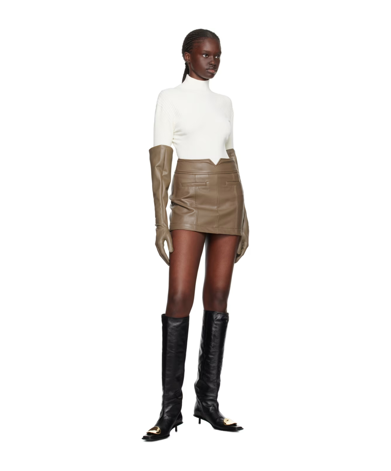 Issey Miyake Taupe Side Seams Faux-leather Miniskirt In Multicolor