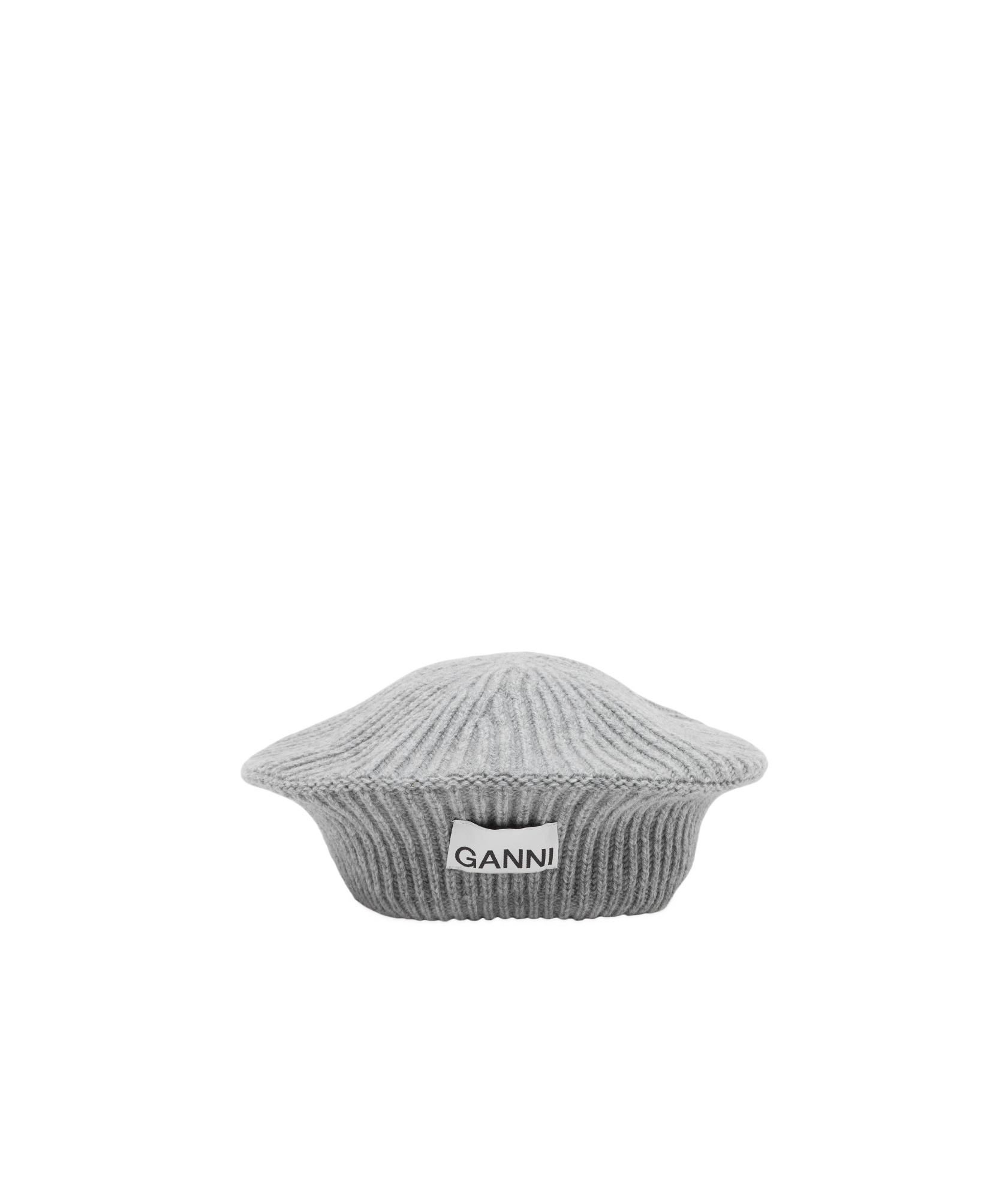 Ganni Wool Blend Ribbed Knitted Hat In Gray