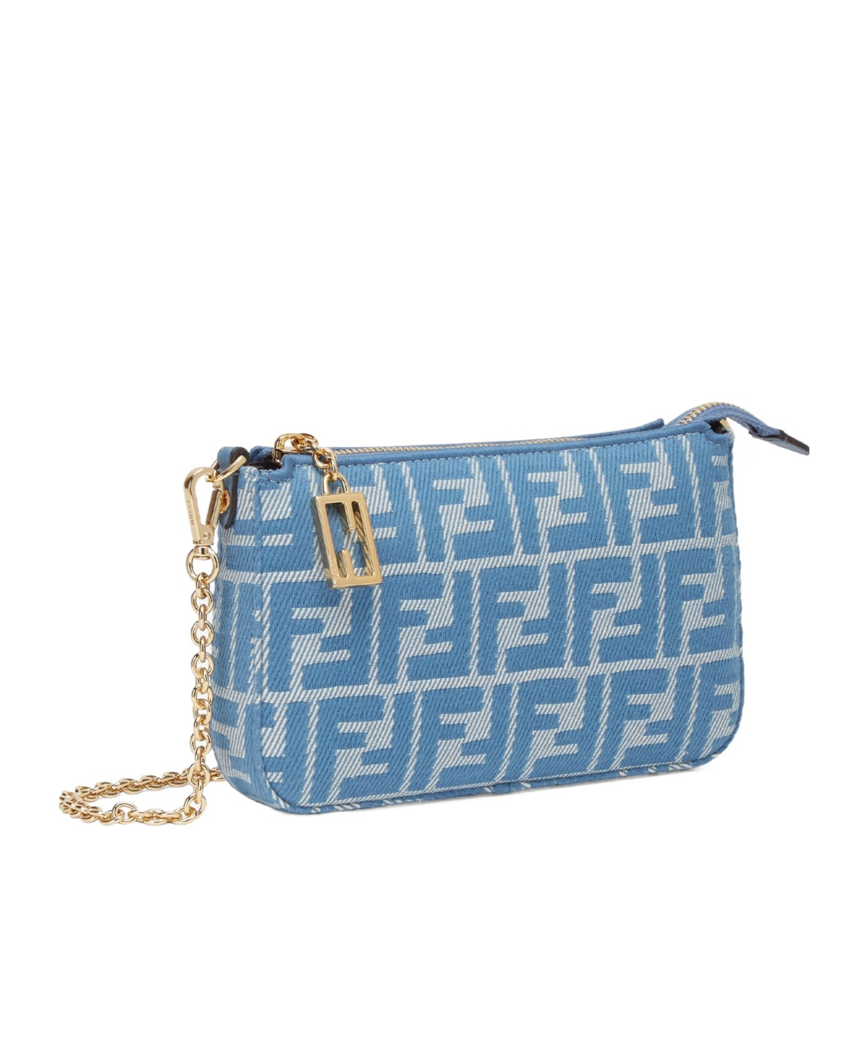 FENDI BLUE DENIM-EFFECT FF JACQUARD CHARM POUCH WITH CHAIN