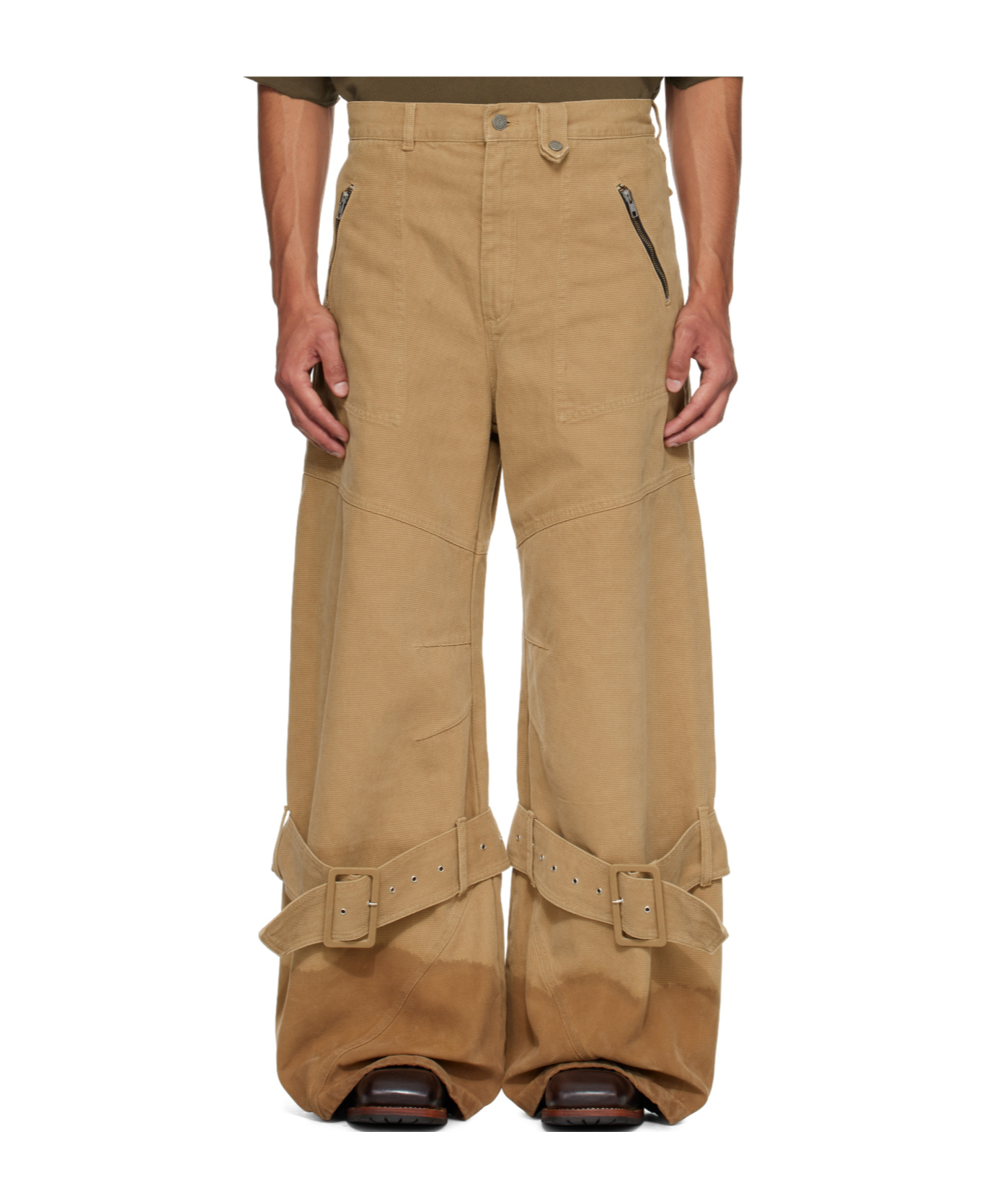 Egonlab Beige Pin-buckle Cargo Jeans In Brown