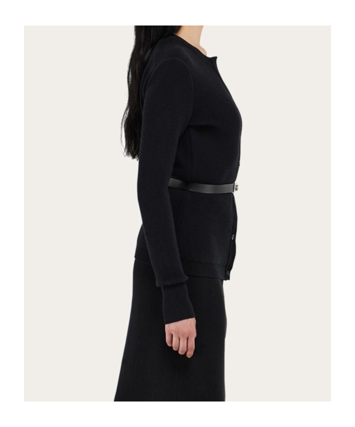 Ferragamo Pure Wool Cardigan With Leather Belt In Black