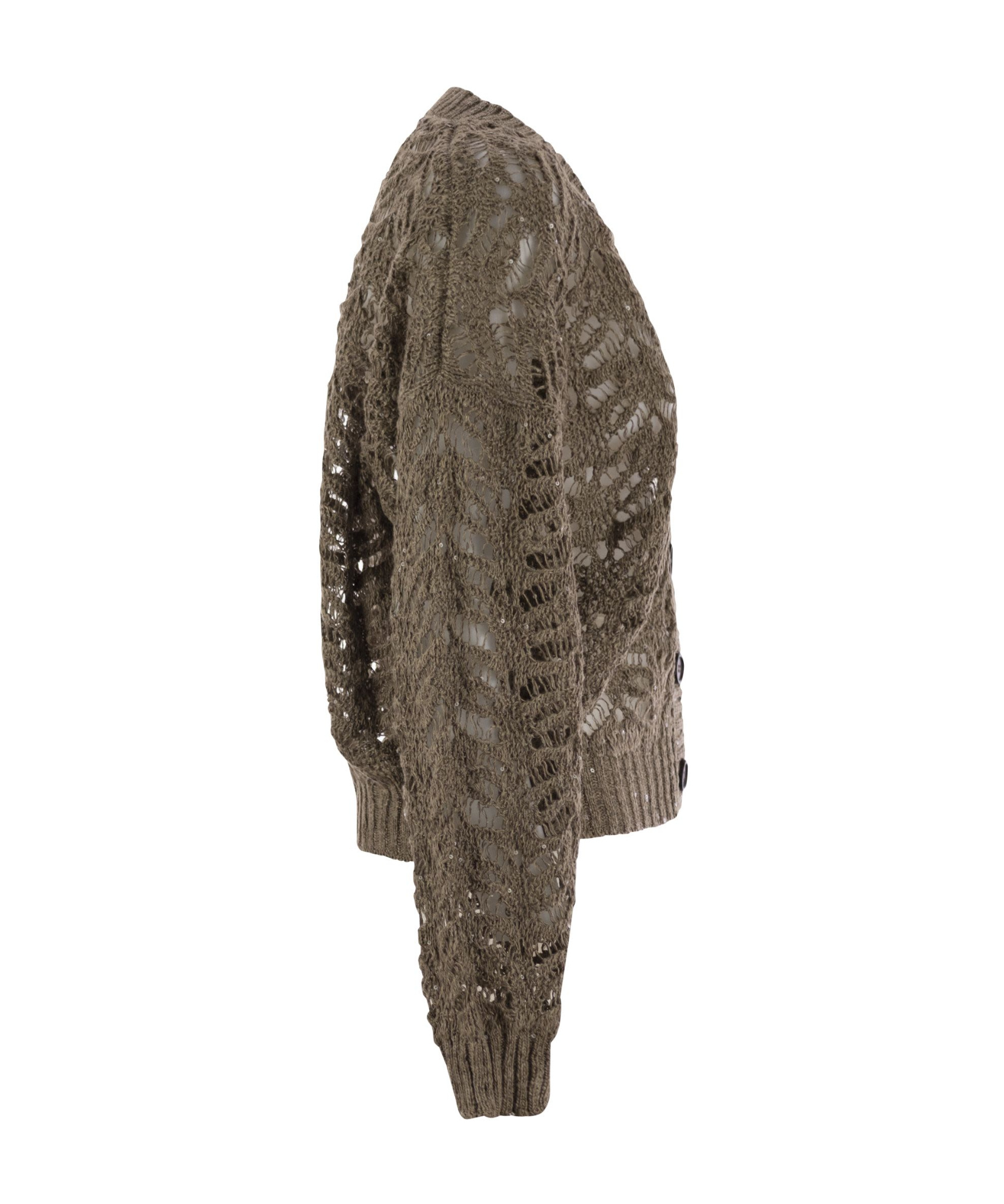 Brunello Cucinelli Foliage Lace Cardigan In Linen And Silk Diamante In Green