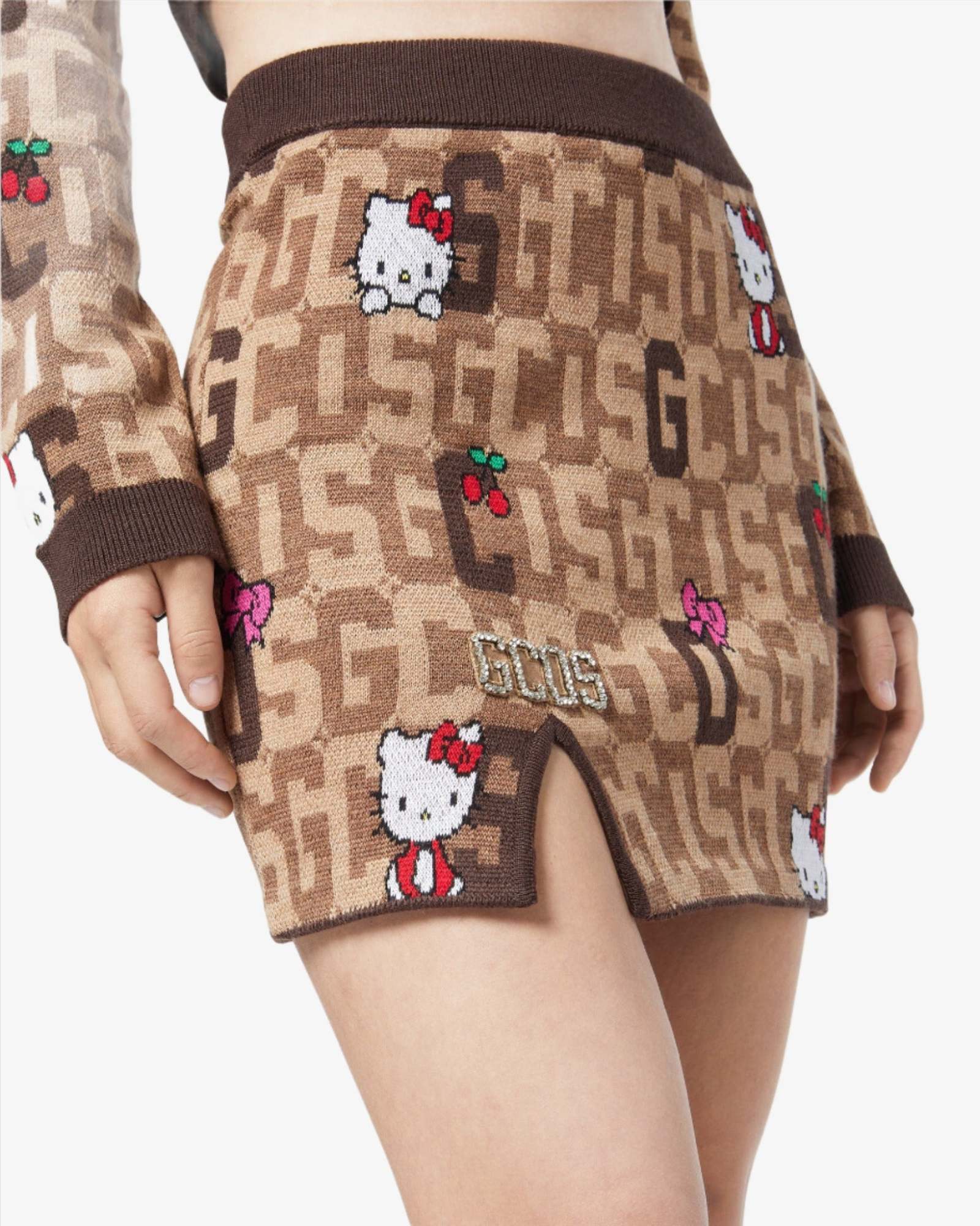 Gcds Brown And Beige Mini Skirt In Wool Blend Knit With Logo Plate, Hello Kitty Motif And Contrast Jacqu In Brown