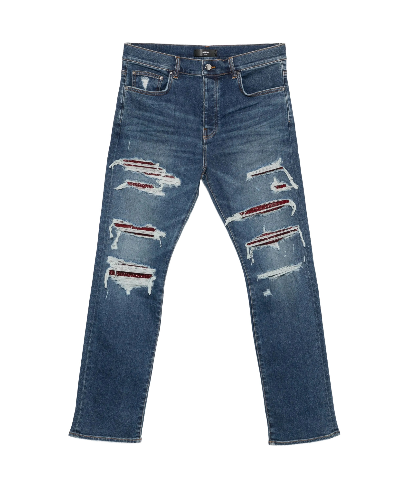 Amiri Thrasher Slim-fit Distressed Croc-effect Leather-trimmed Panelled Jeans In Blue