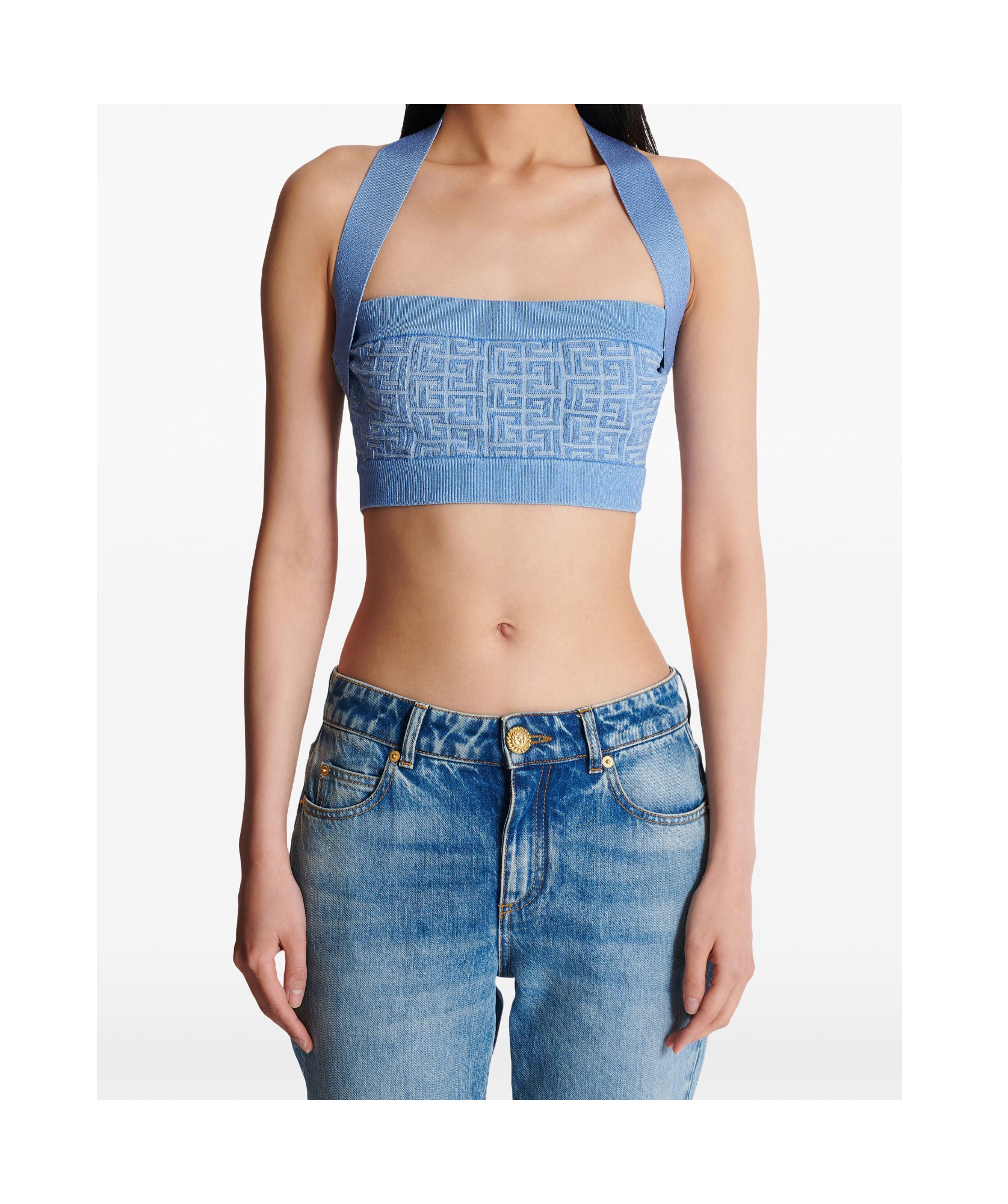 Shop Balmain Knit Halterneck Top With Pb Labyrinth Monogram In Blue