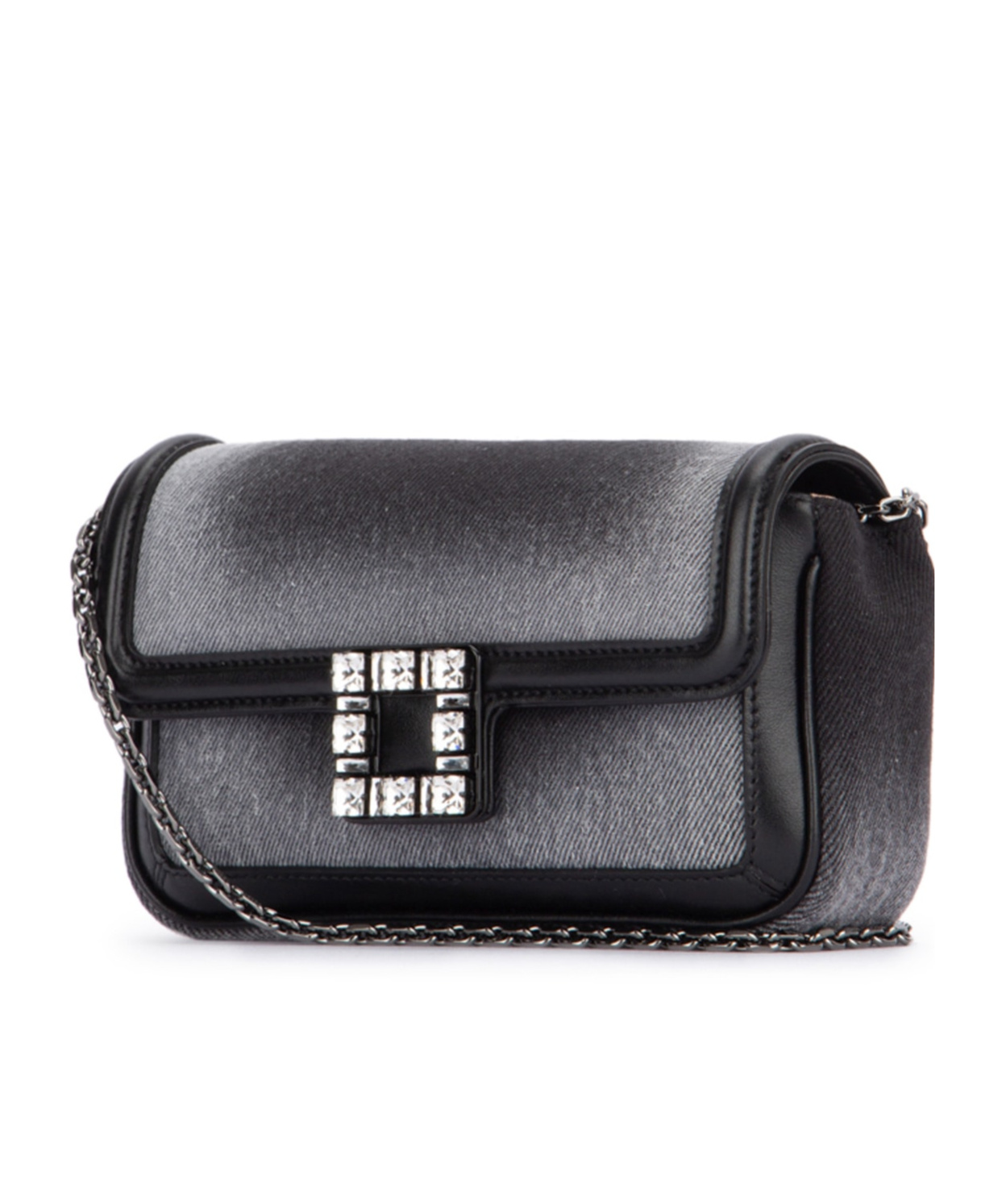 Roger Vivier Embellished Foldover Top Denim Shoulder Bag In Black