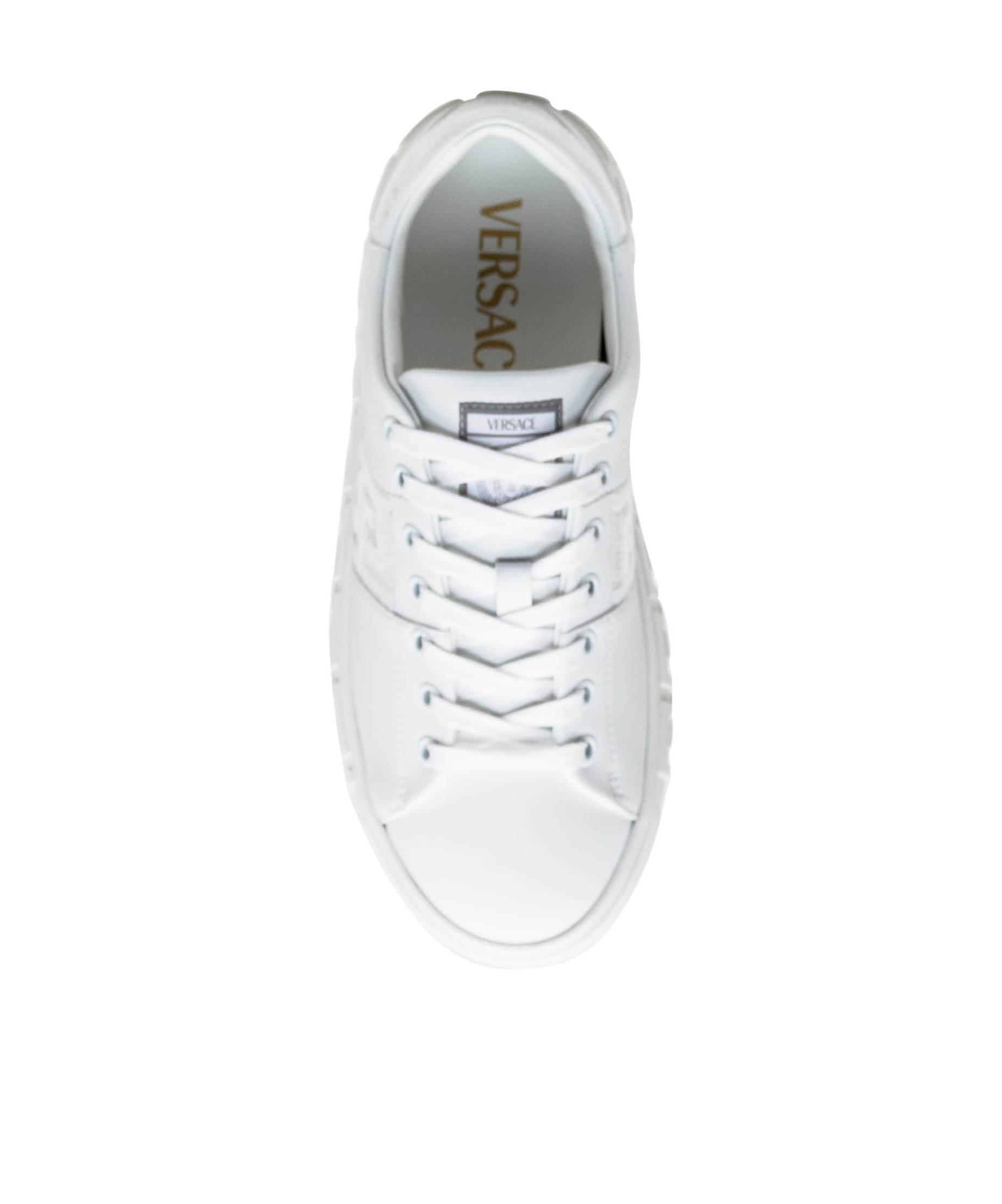 Shop Versace Greca-embellished Lace-up Sneakers In White