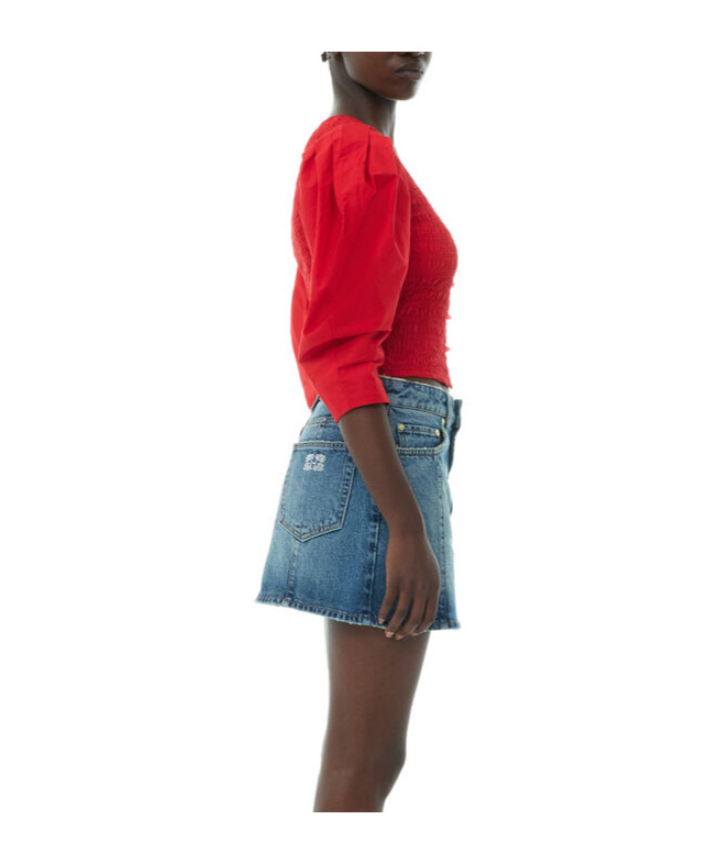 Ganni Smocked Poplin Blouse In Red