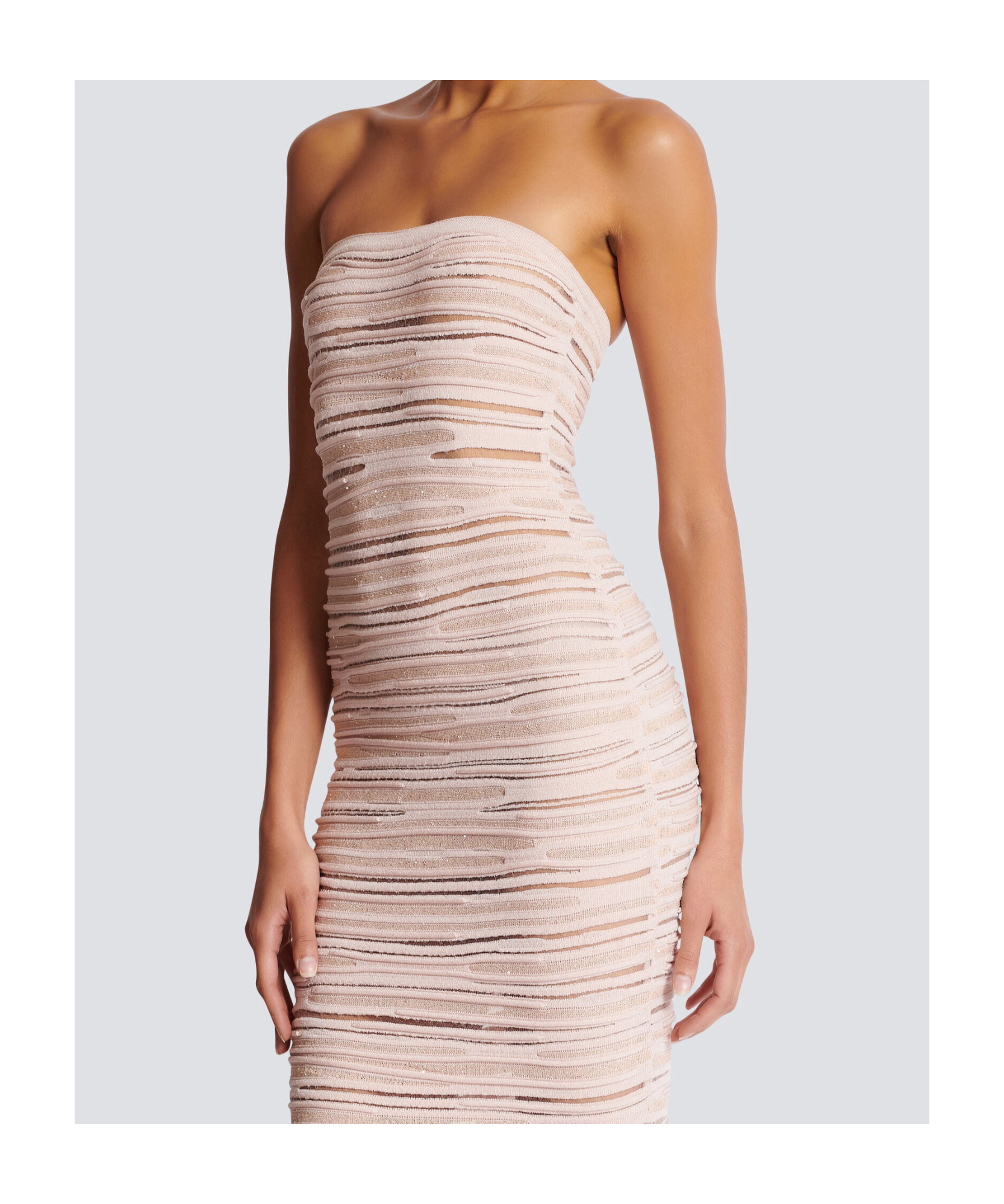 Balmain Strapless Sequin-embellished Open-knit Midi Dress In Nude