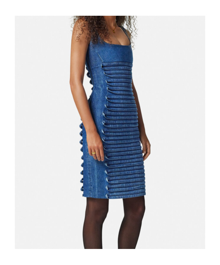 Versace Cotton Denim Midi Dress In Blue