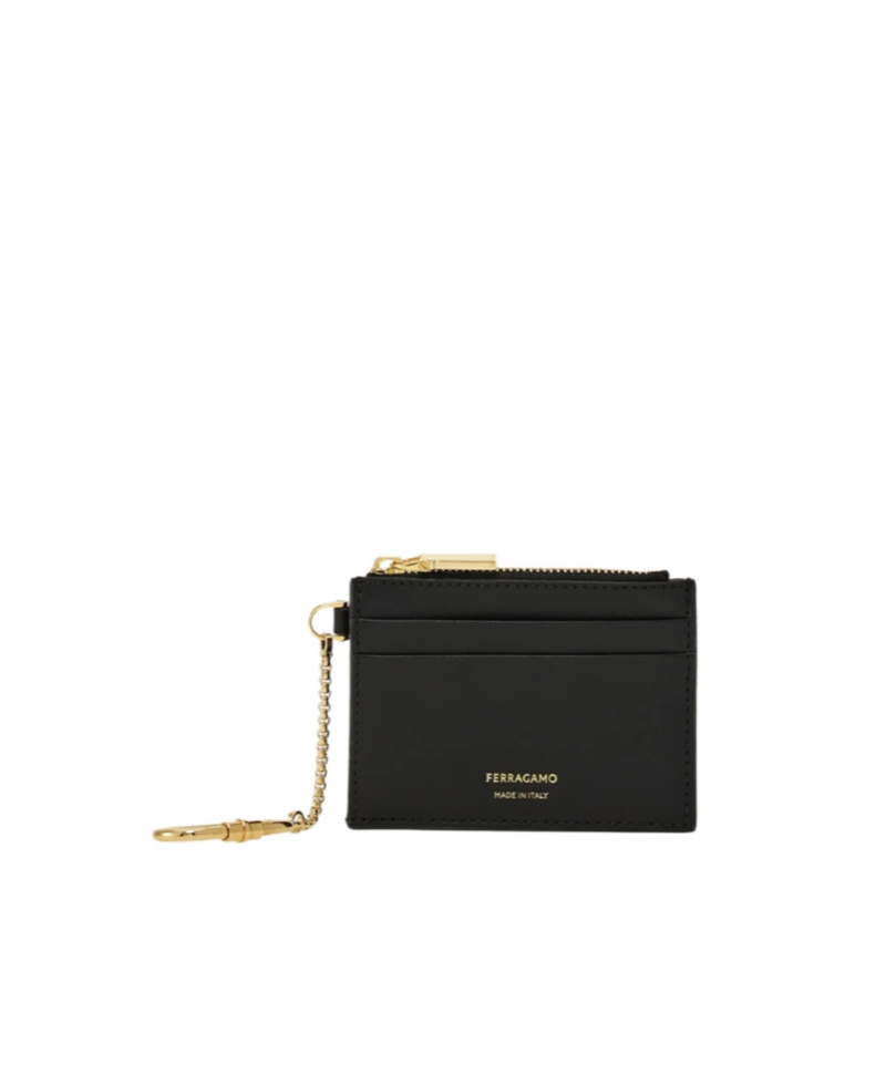 Ferragamo Hot Stamp Zip Leather Card Holder In Black