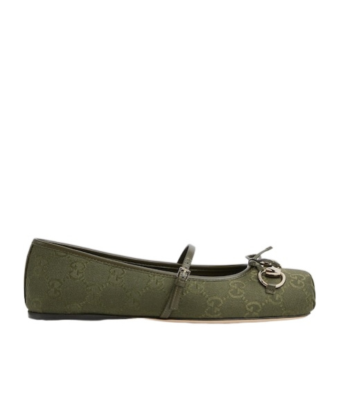 Gucci Canvas Gg Horsebit Ballerina Flats In Green
