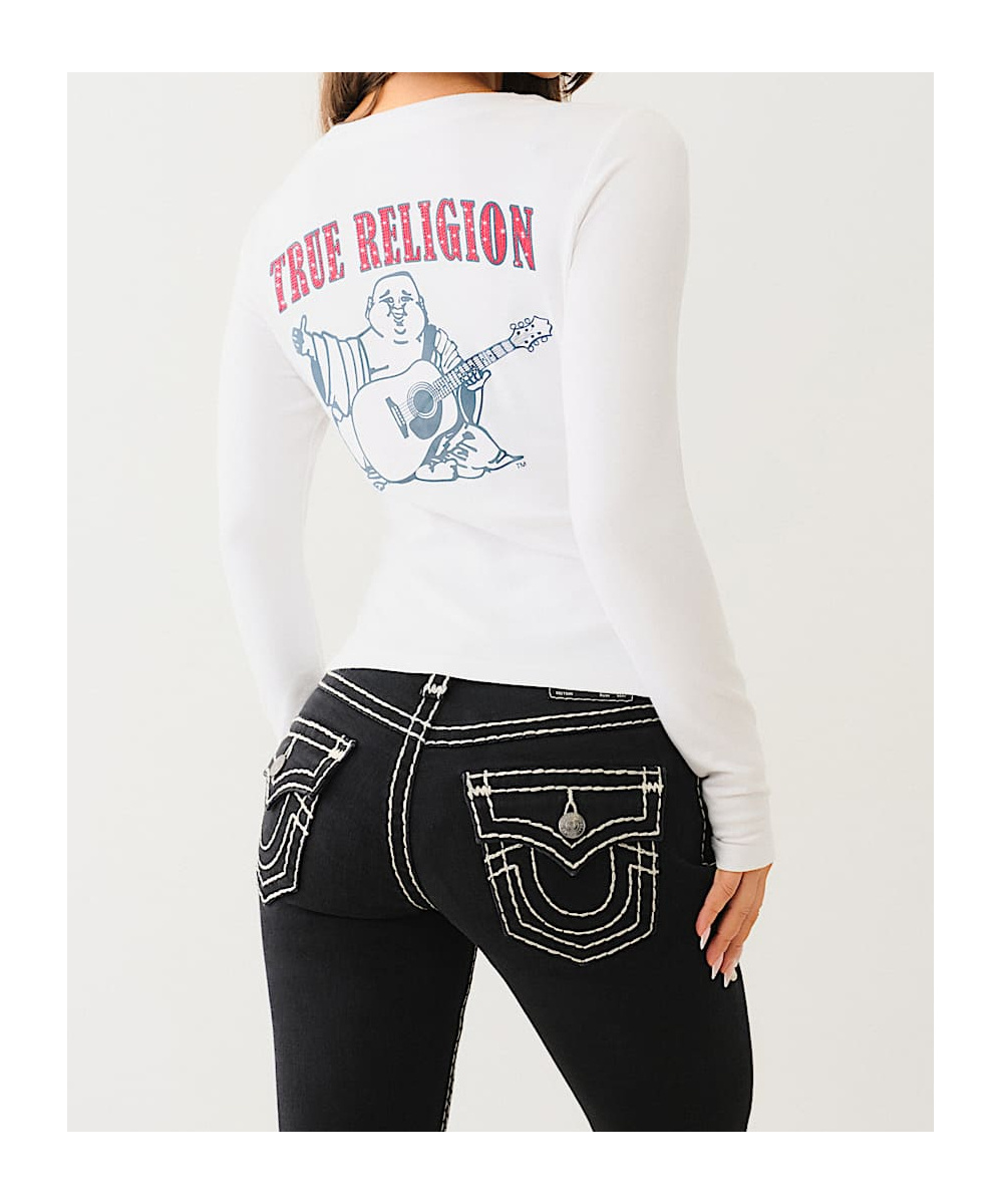 TRUE RELIGION CRYSTAL LOGO LONG SLEEVE V NECK TEE