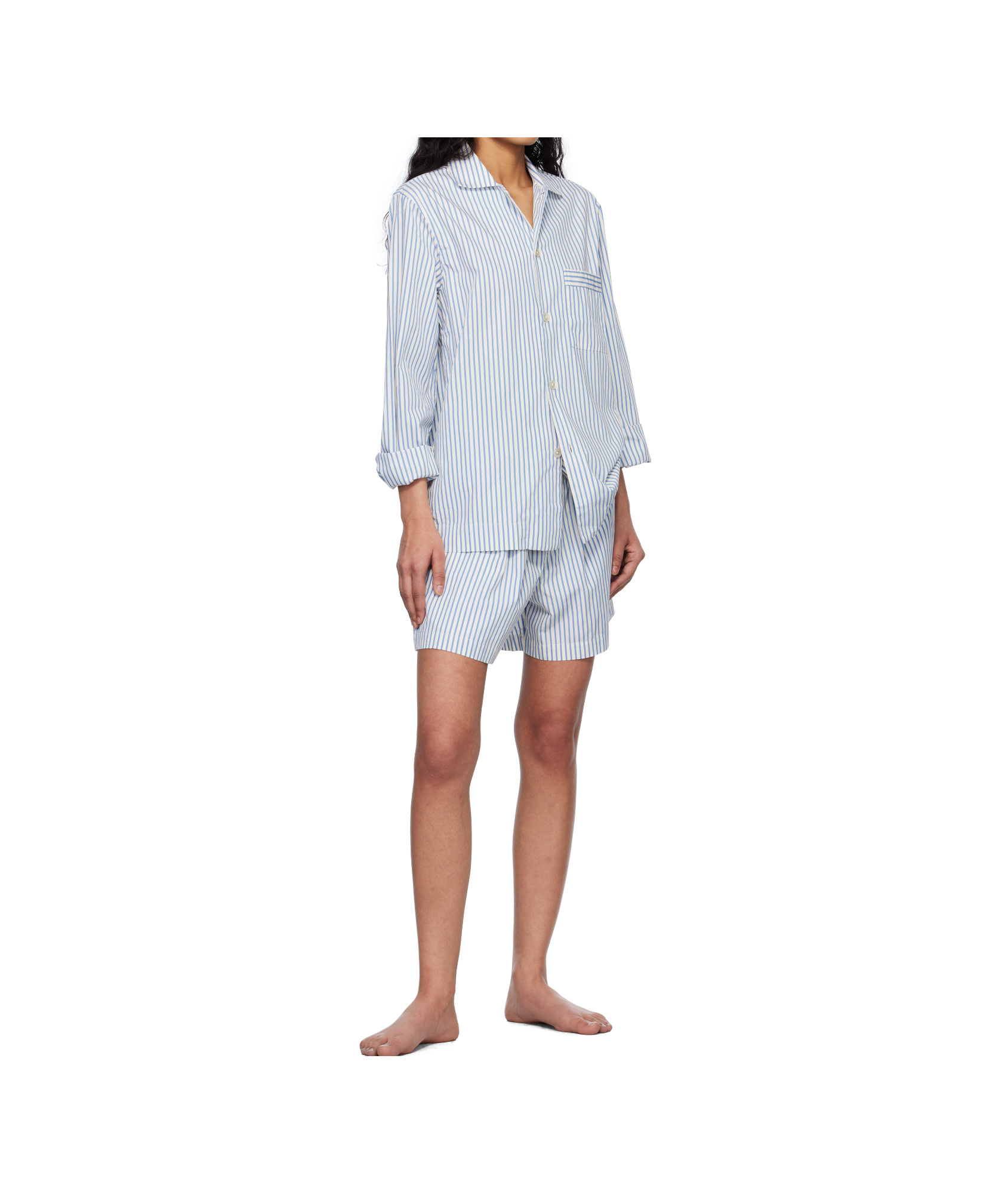 Tekla White & Blue Drawstring Pyjama Shorts In Off-white/blue