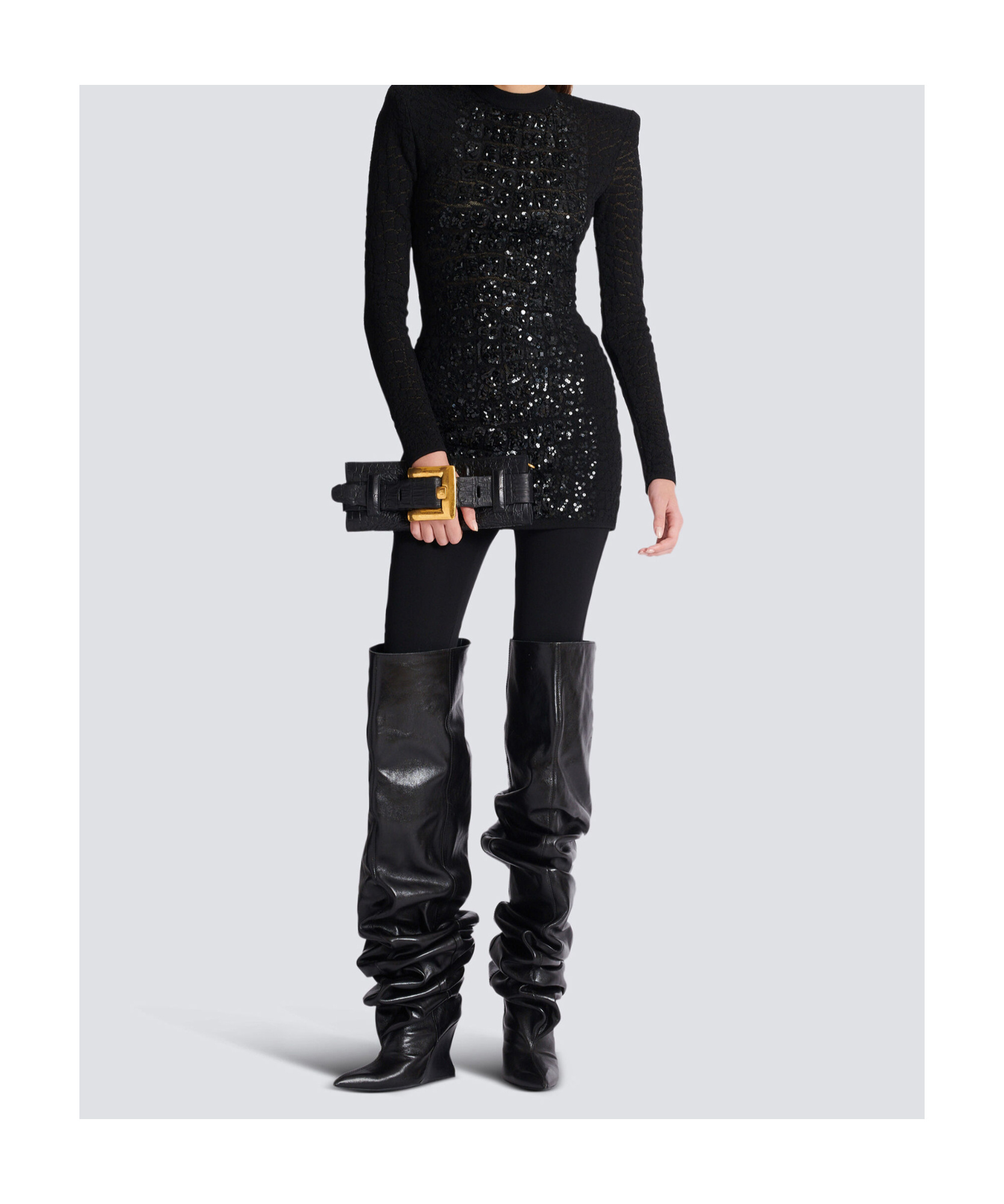 Balmain Sequin-embellished Crocodile-knit Mini Dress In Black
