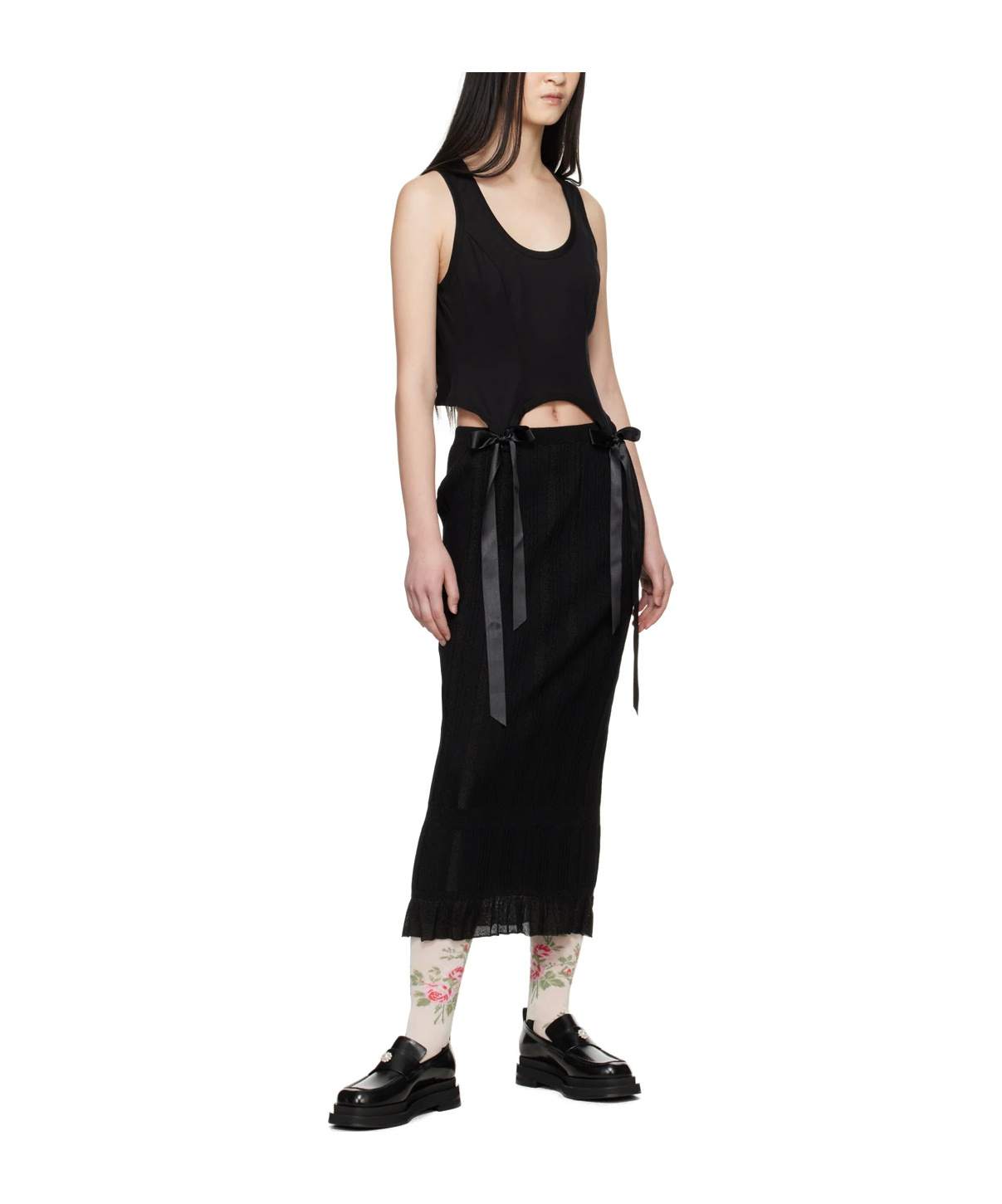 Simone Rocha Black Skinny Rib Frill Midi Skirt In Black