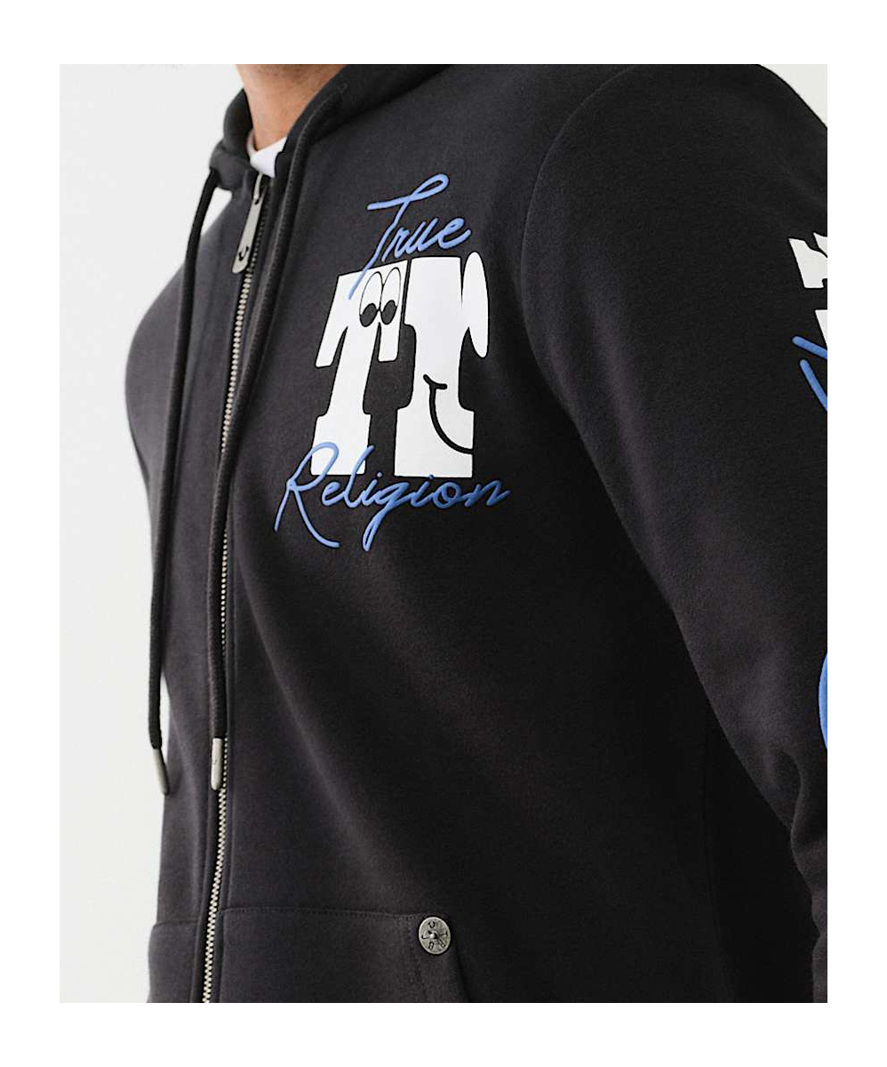 True Religion Puff Print Logo Zip Hoodie In Black