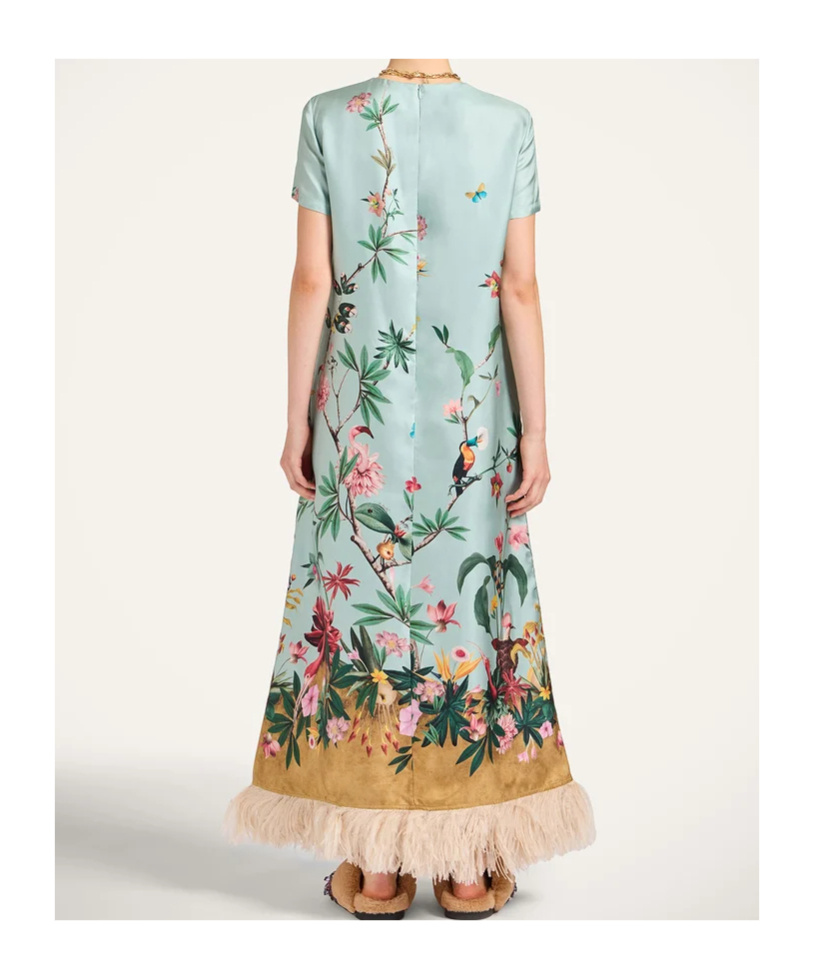 La Doublej Swing Feather-trimmed Printed Silk-twill Maxi Dress In Green
