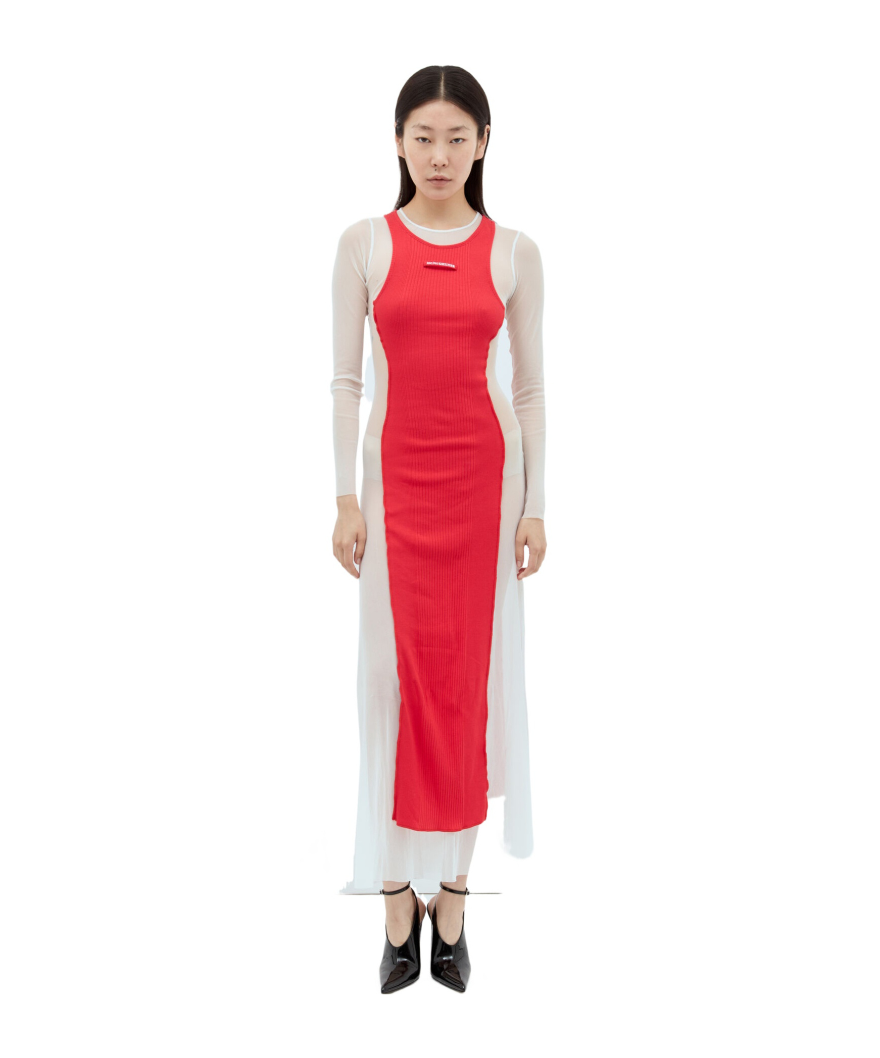 Jean Paul Gaultier Layered Ribbed Cotton-jersey And Mesh Maxi Dress In Red