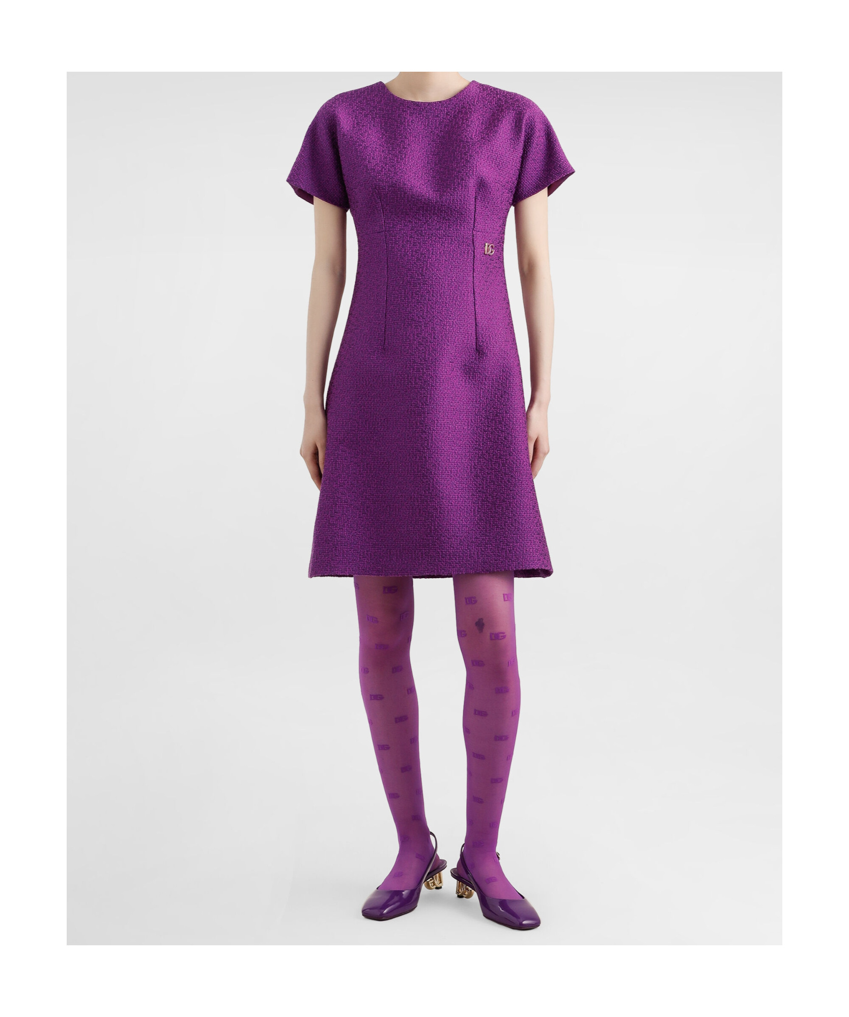 Dolce & Gabbana Rachel Short-sleeve Tweed Mini Dress In Purple