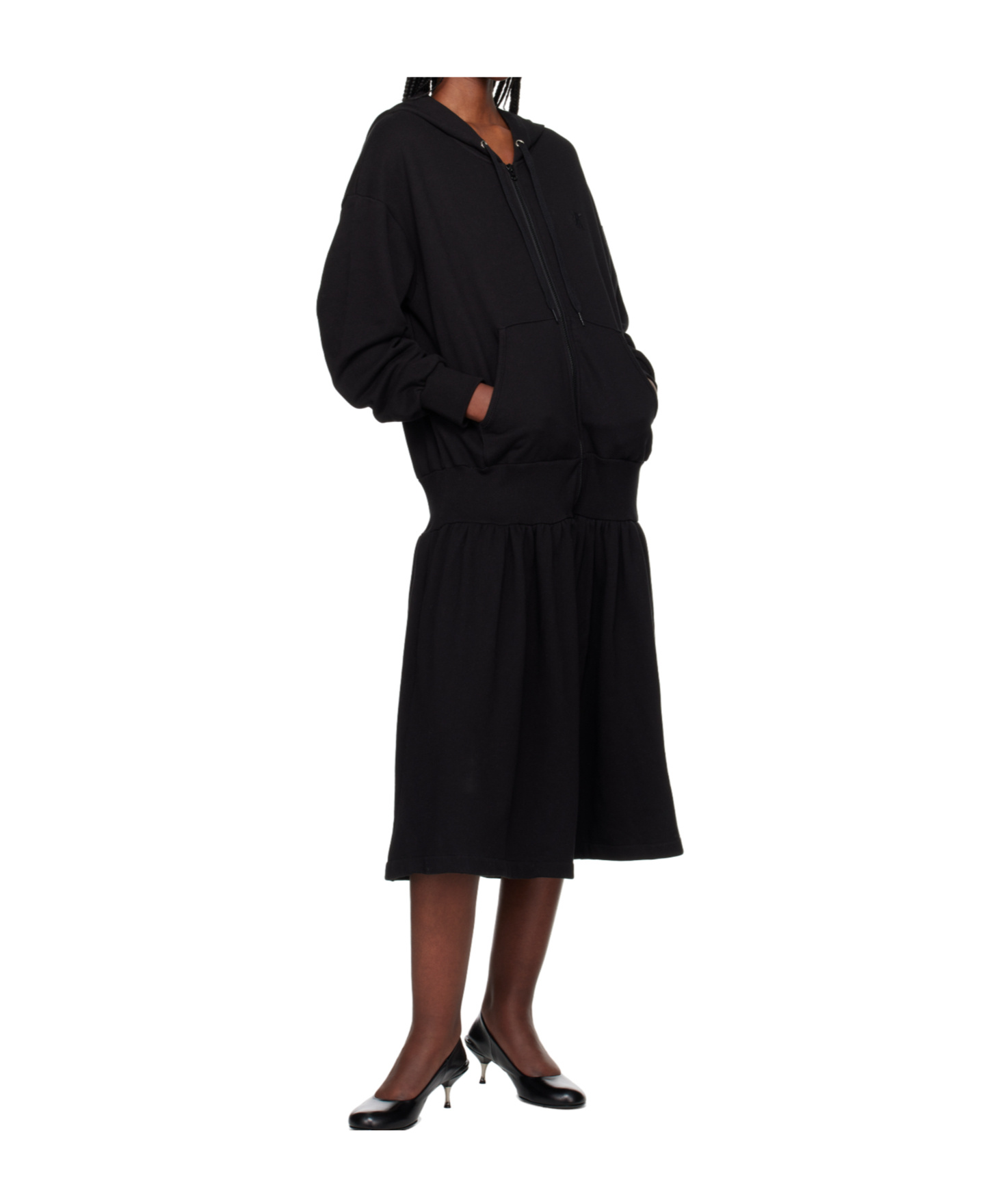 Open Yy Jersey Pleated Hooded Midi Dress In Black
