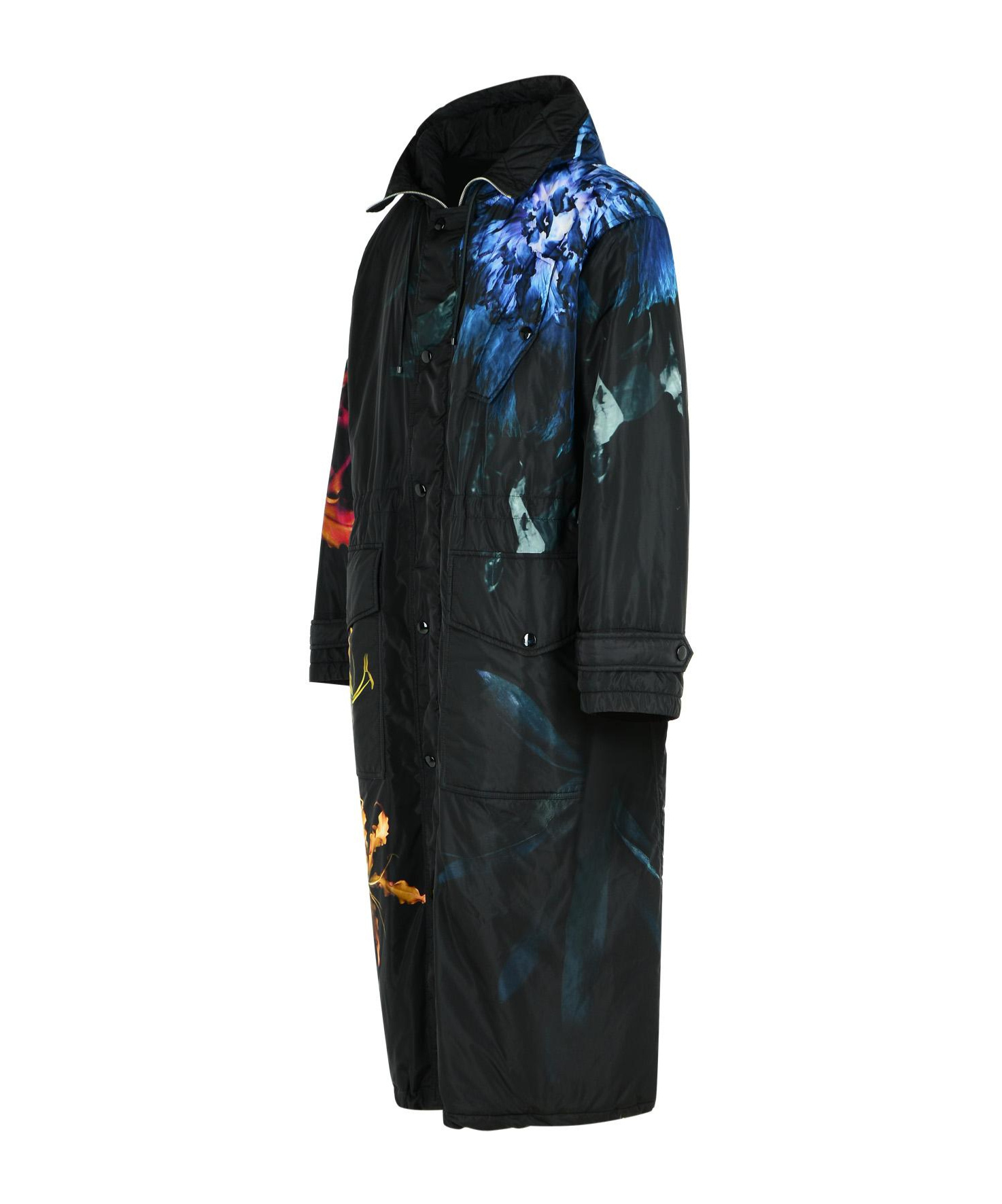 Dries Van Noten Long Floral Pattern Hood Side Pockets Coat In Black