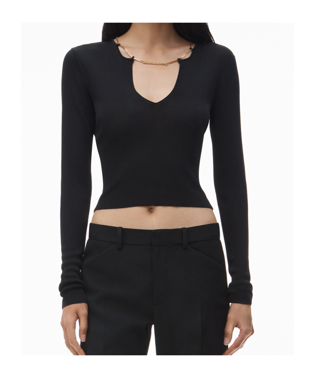 Alexander Wang V-neck Cropped Sweater With Nameplate Chain In Black