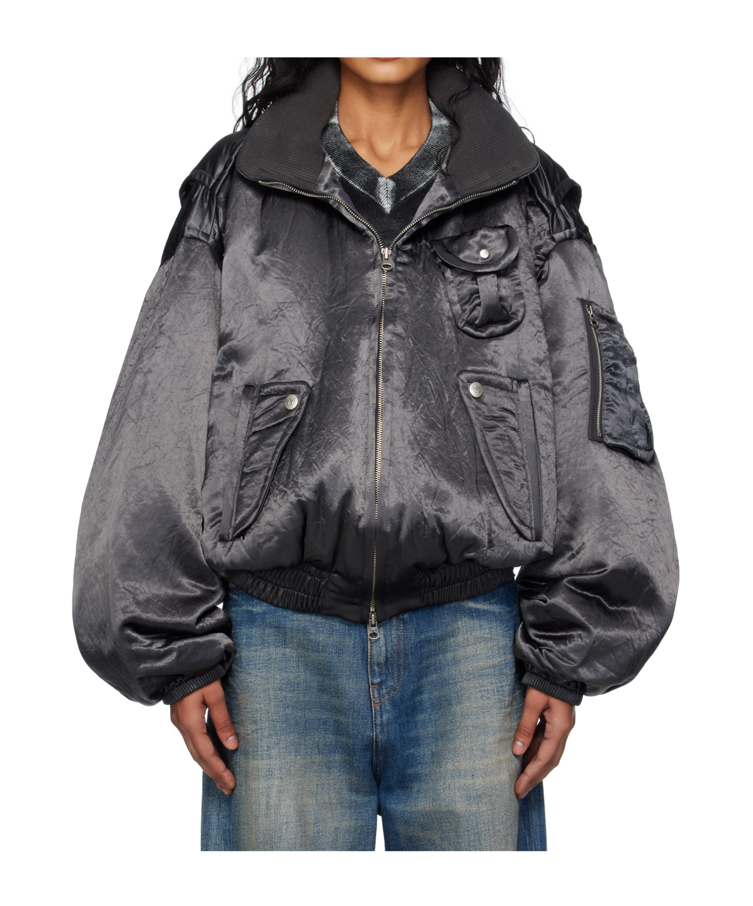 Open Yy Satin Cargo Bomber Jacket In Gray
