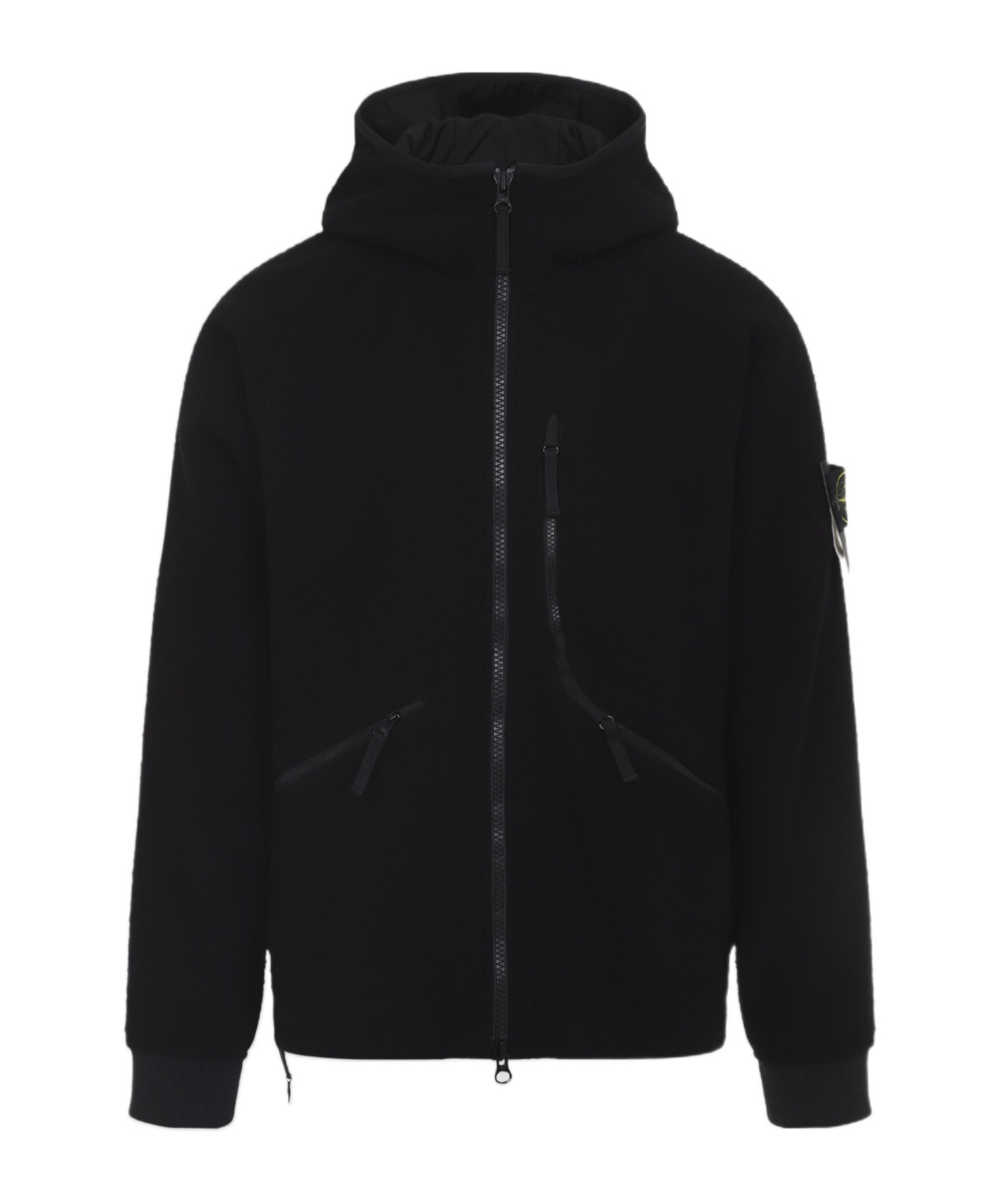 Stone Island Textured Wool Blend Jacket With Hood In Black
