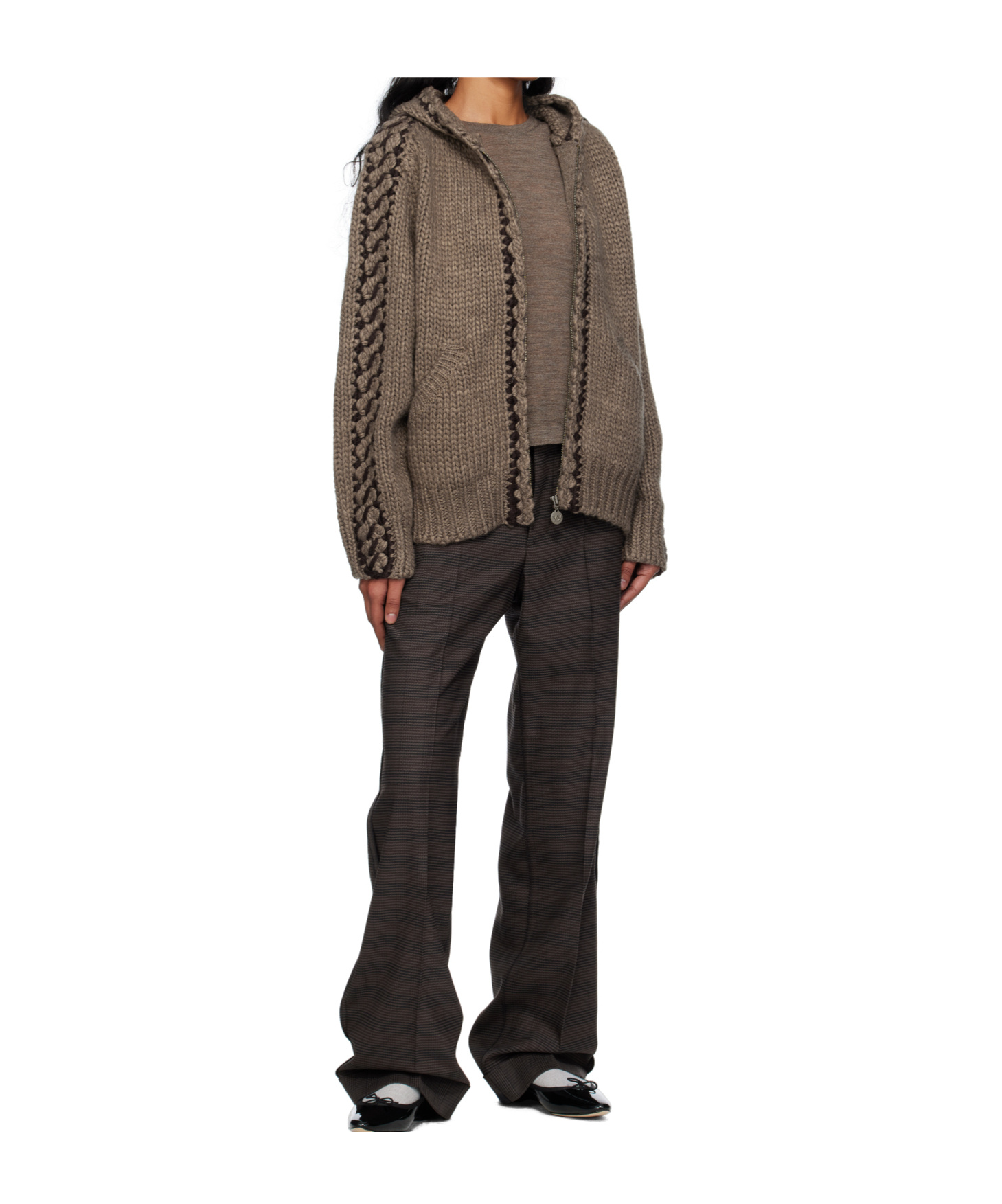 Open Yy Seam-stitched Zip-up Knit Hoodie In Brown