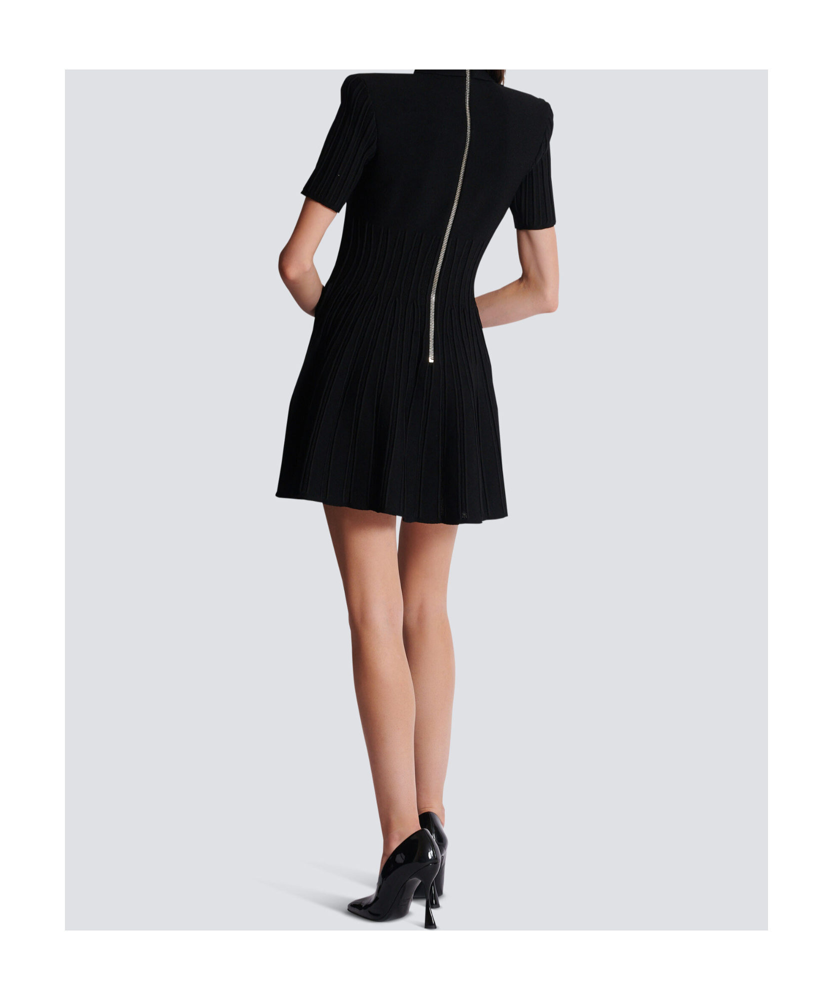 Balmain Short-sleeve Button-front Ribbed Knit Mini Shirtdress In Black