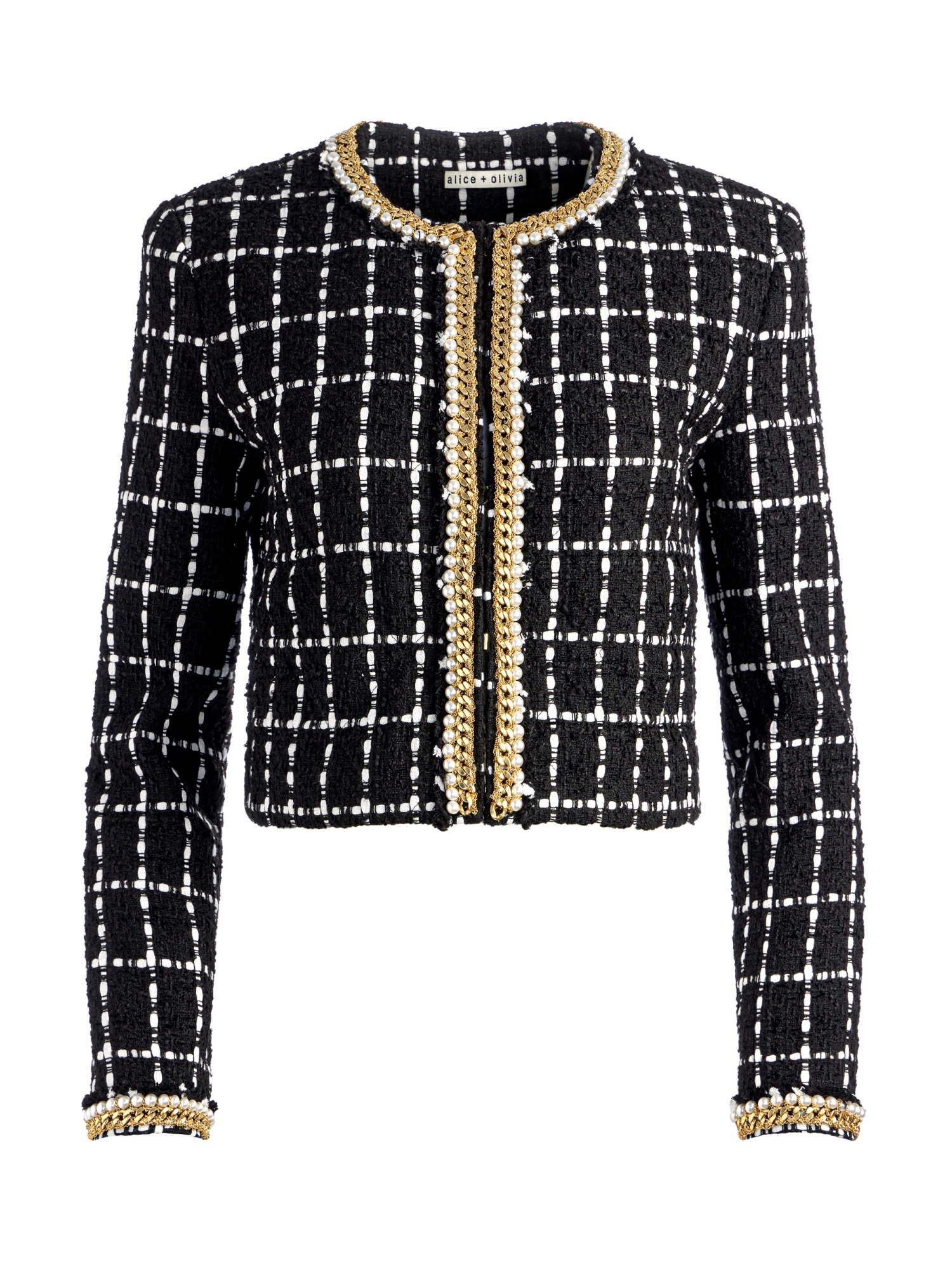 Alice And Olivia Chain Decorated Tweed Jacket In Black