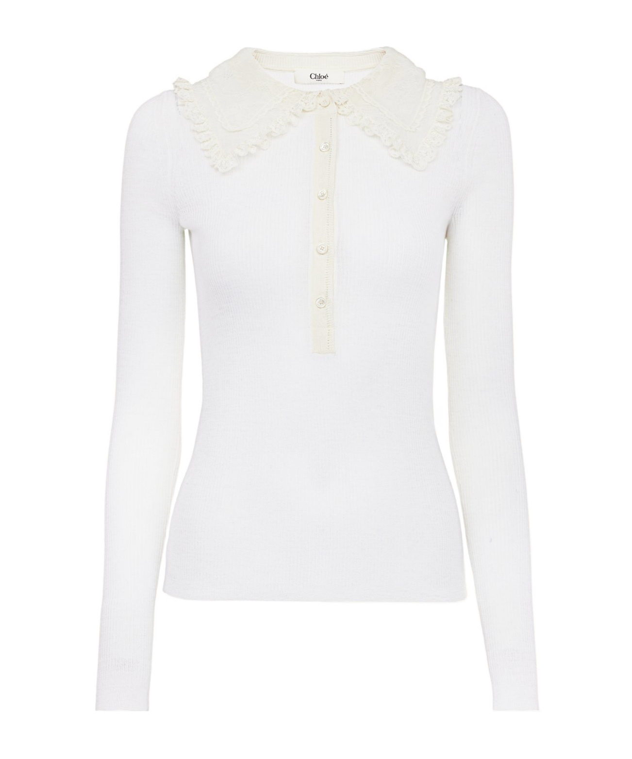 Chloé Lace-collar Superfine Wool Rib Knit Top In White
