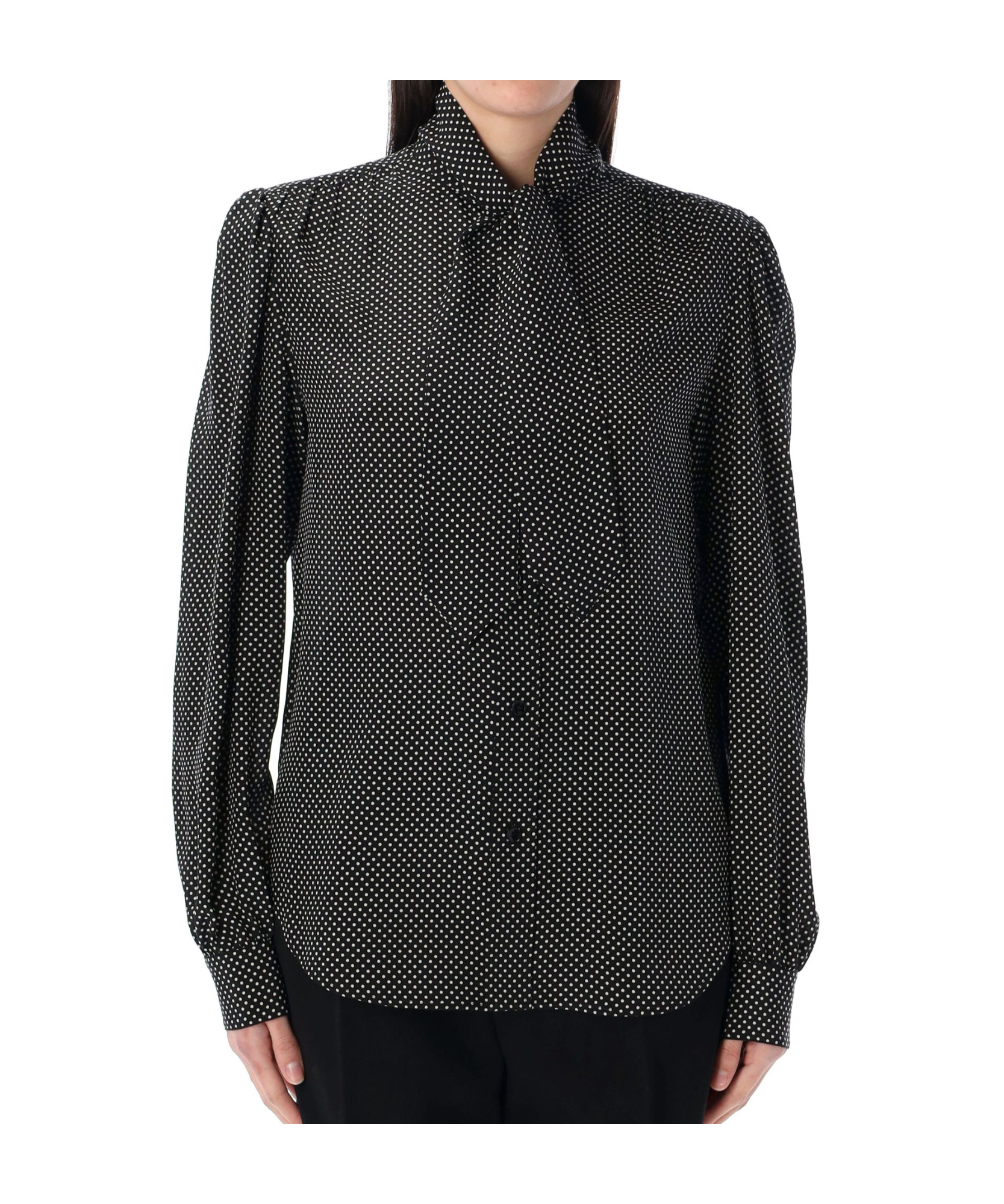 Shop Saint Laurent Dotted Pussy-bow Shirt In Black