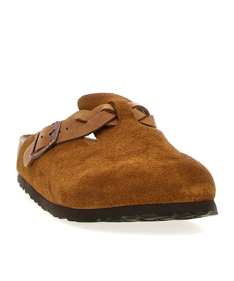 Birkenstock Round Toe Buckle-detailing Suede Mules In Brown