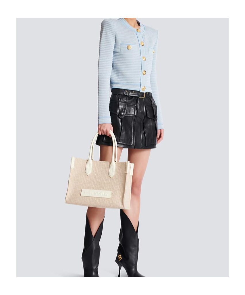 Balmain B-army 36 Monogrammed Canvas Jacquard And Leather Tote Bag In Sand