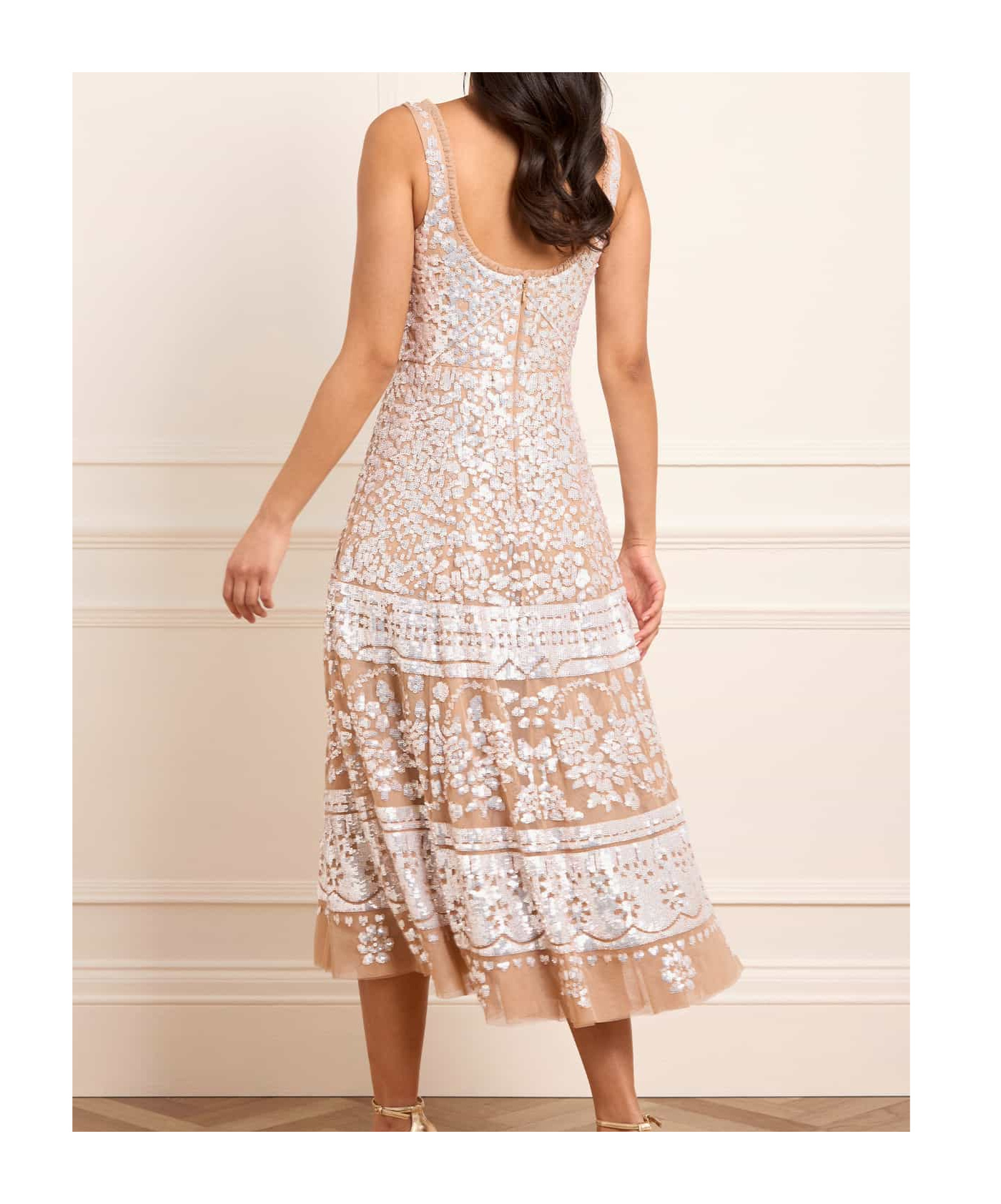 Needle & Thread Sequin-embellished Scoop-neck Midi Dress In White