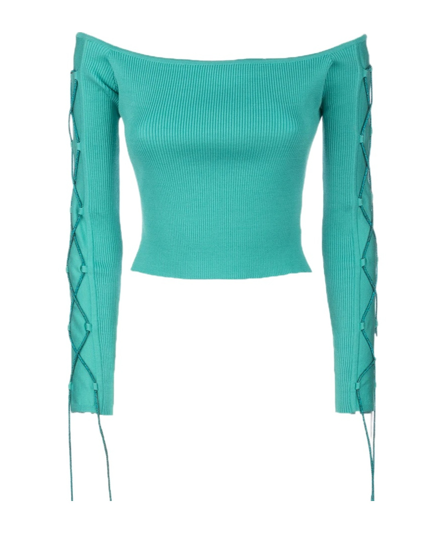 Giuseppe Di Morabito Lace-up Off-the-shoulder Cropped Knitwear In Green